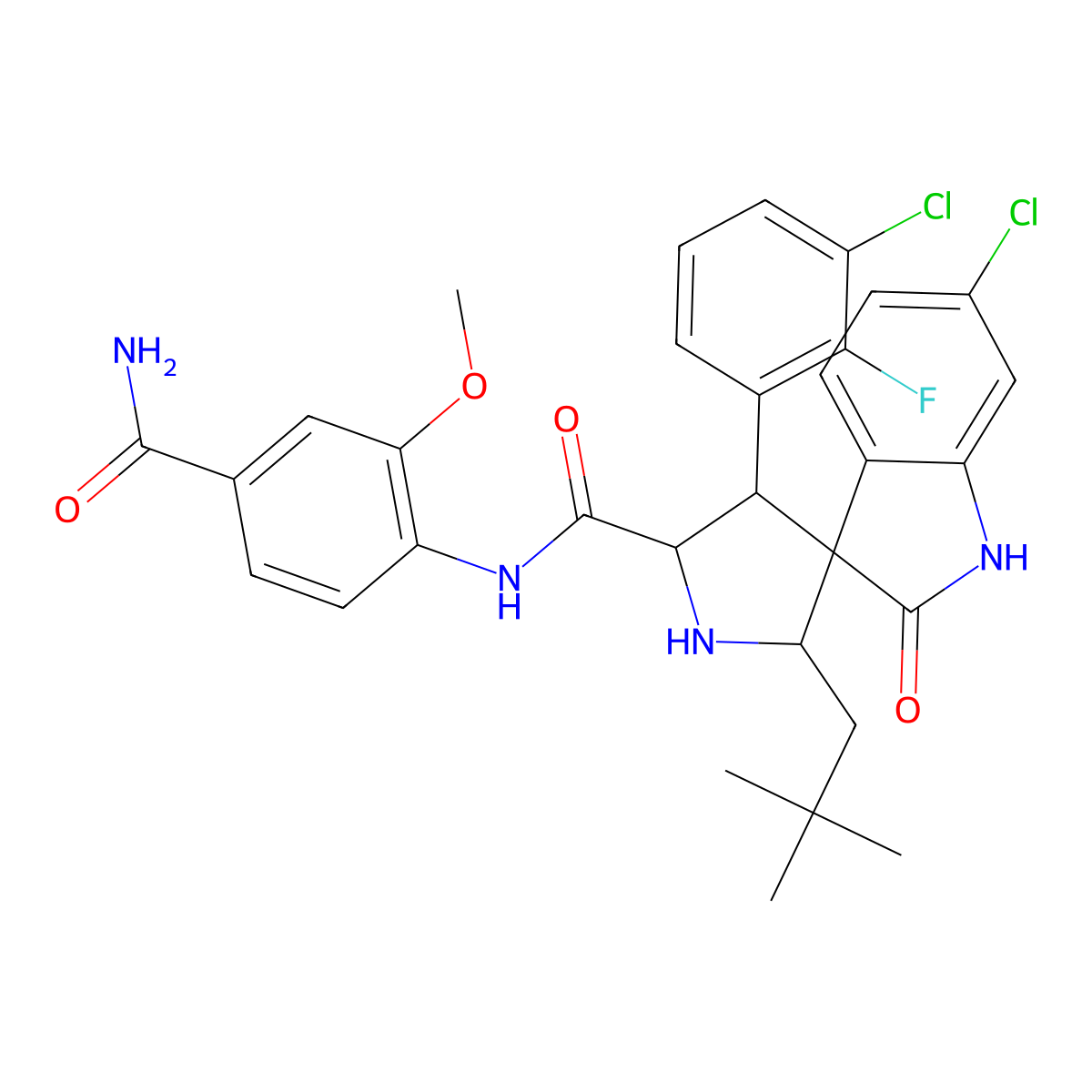(2'S,3R,4'S,5'R)-N-(4-carbamoyl-2-methoxyphenyl)-6-chloro-4'-(3-chloro-2-fluorophenyl)-2'-neopentyl-2-oxospiro[indoline-3,3'-pyrrolidine]-5'-carboxamide molecular structure, CAS 1309684-94-3