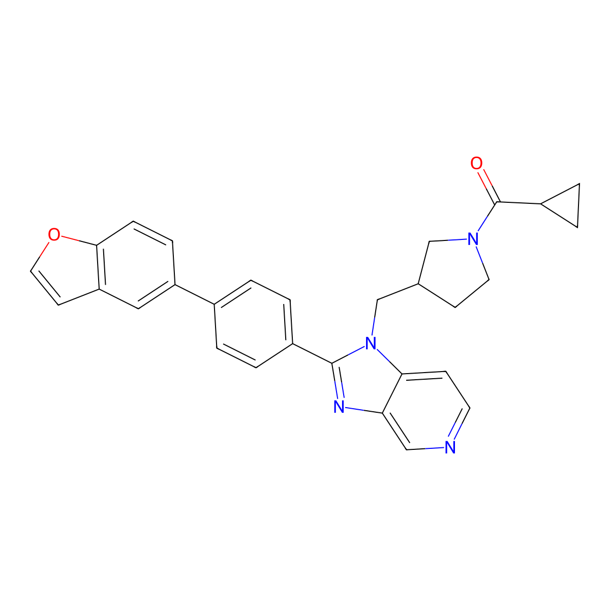(S)-(3-((2-(4-(benzofuran-5-yl)phenyl)-1H-iMidazo[4,5-c]pyridin-1-yl)Methyl)pyrrolidin-1-yl)(cyclopropyl)Methanone molecular structure, CAS 1309805-49-9