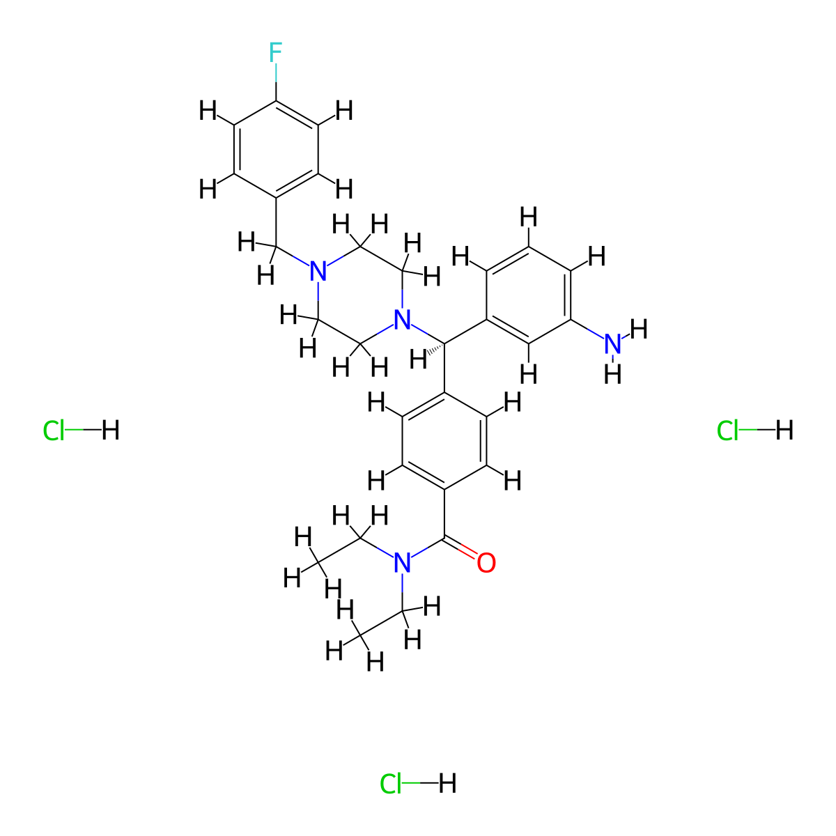 4-[(R)-(3-aminophenyl)({4-[(4-fluorophenyl)methyl]piperazin-1-yl})methyl]-N,N-diethylbenzamide trihydrochloride molecular structure, CAS 1309859-18-4