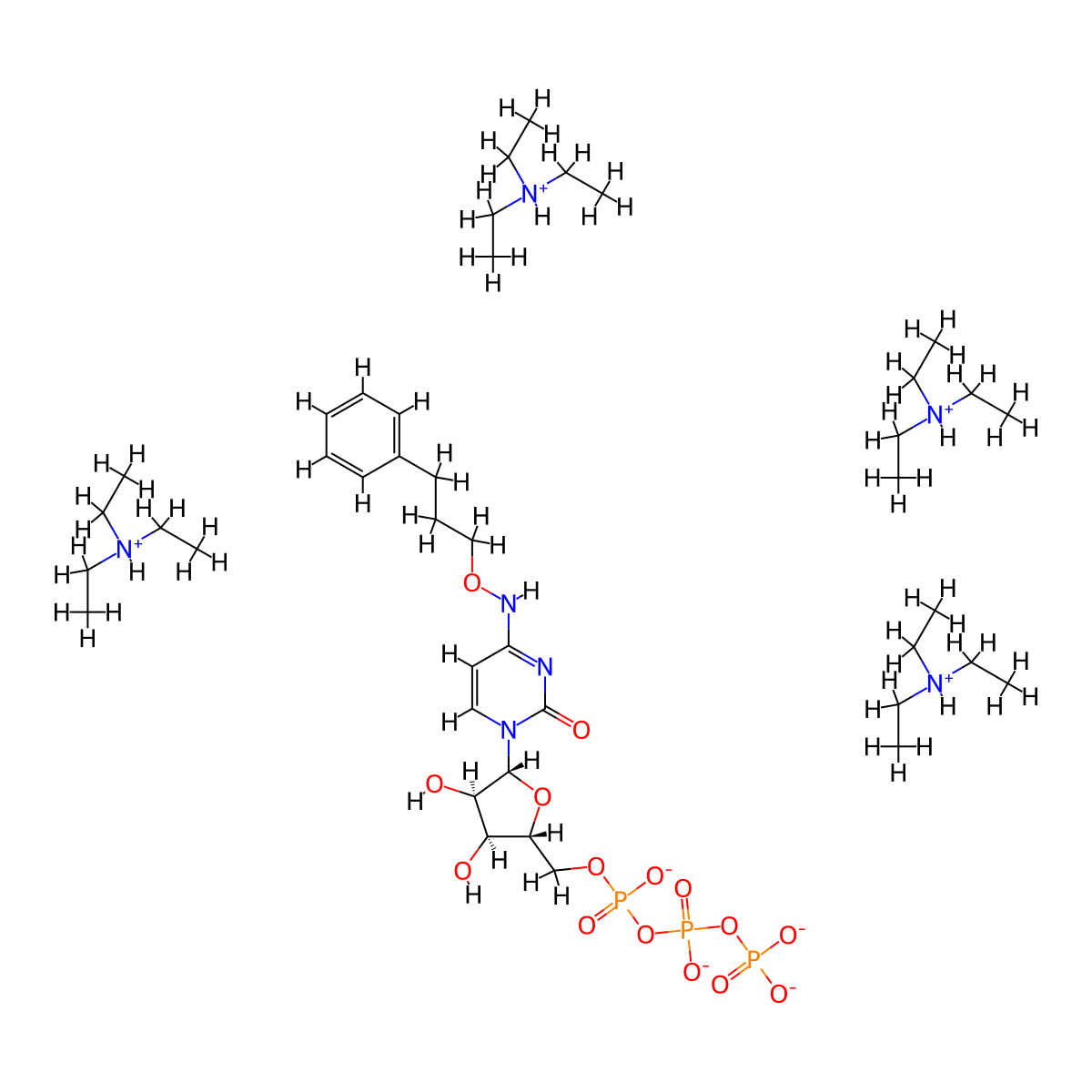 [[[(2R,3S,4R,5R)-3,4-dihydroxy-5-[2-oxo-4-(3-phenylpropoxyamino)pyrimidin-1-yl]oxolan-2-yl]methoxy-oxidophosphoryl]oxy-oxidophosphoryl] phosphate;tetrakis(triethylazanium) molecular structure, CAS 1309871-50-8
