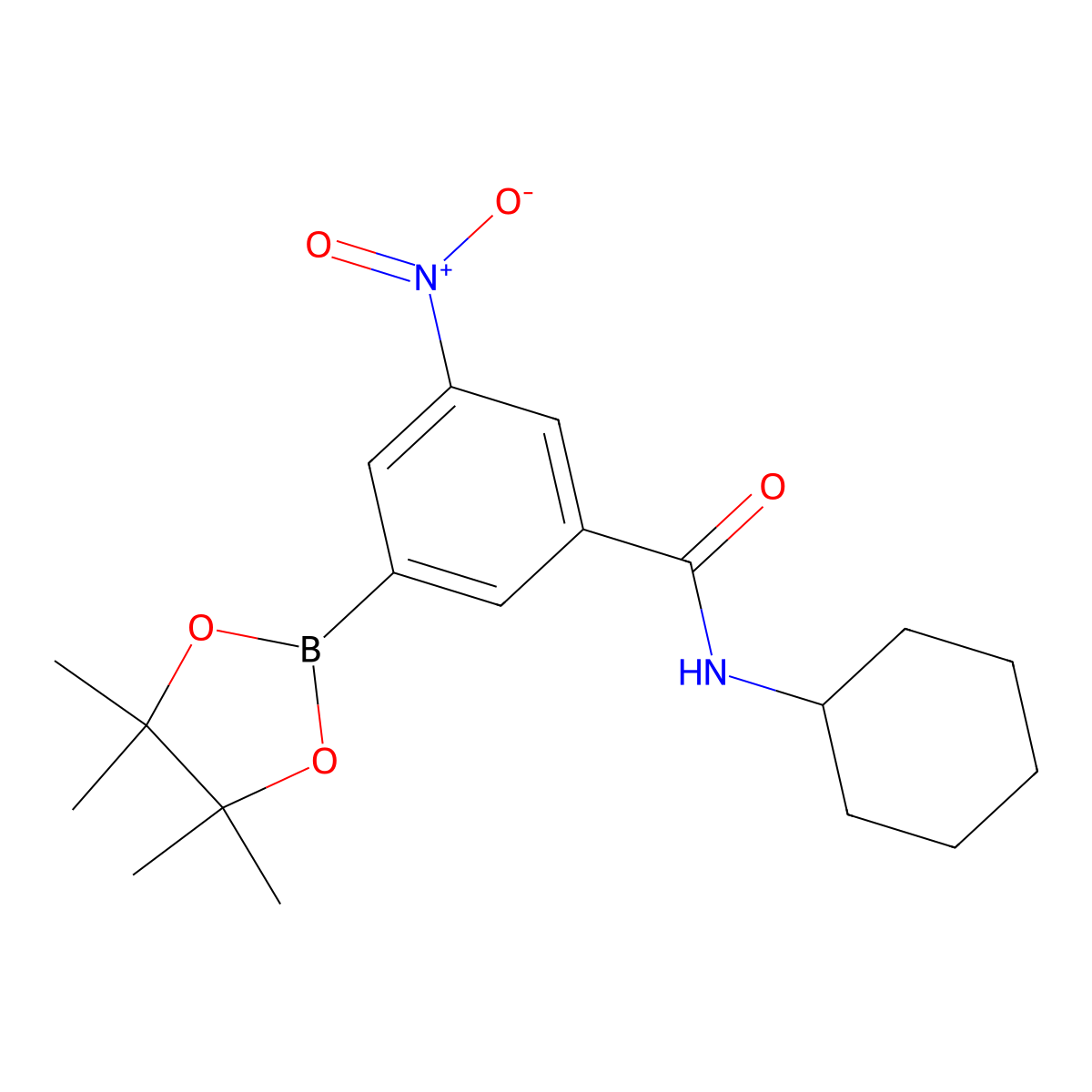 3-nitro-N-cyclohexyl-5-(4,4,5,5-tetramethyl-1,3,2-dioxaborolan-2-yl)benzamide molecular structure, CAS 1309978-67-3