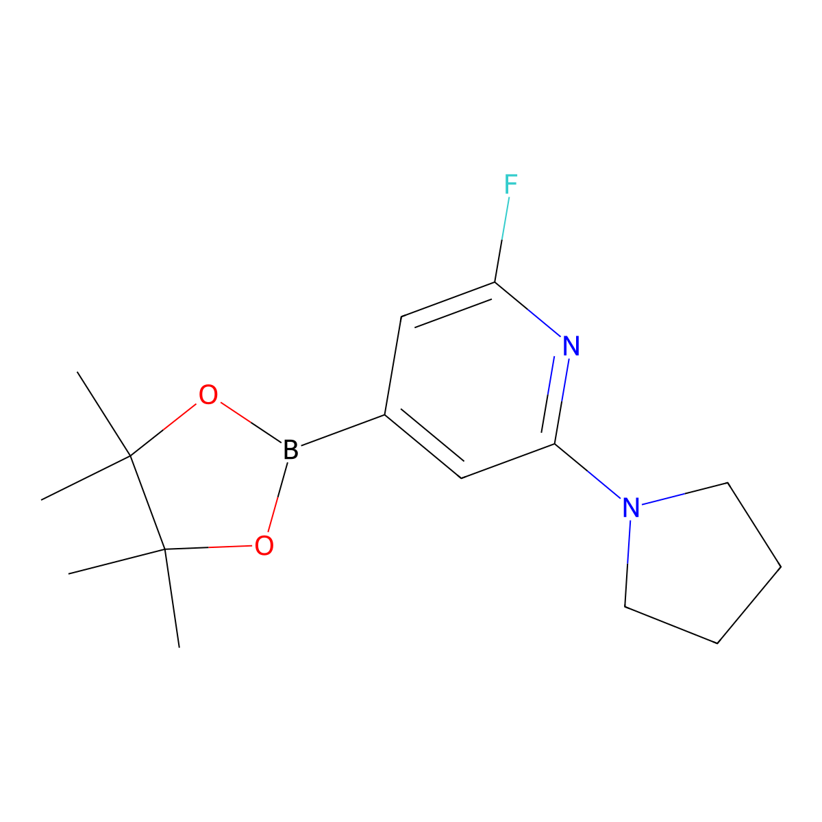 2-Fluoro-6-(pyrrolidin-1-yl)-4-(4,4,5,5-tetramethyl-1,3,2-dioxaborolan-2-yl)pyridine molecular structure, CAS 1309980-28-6