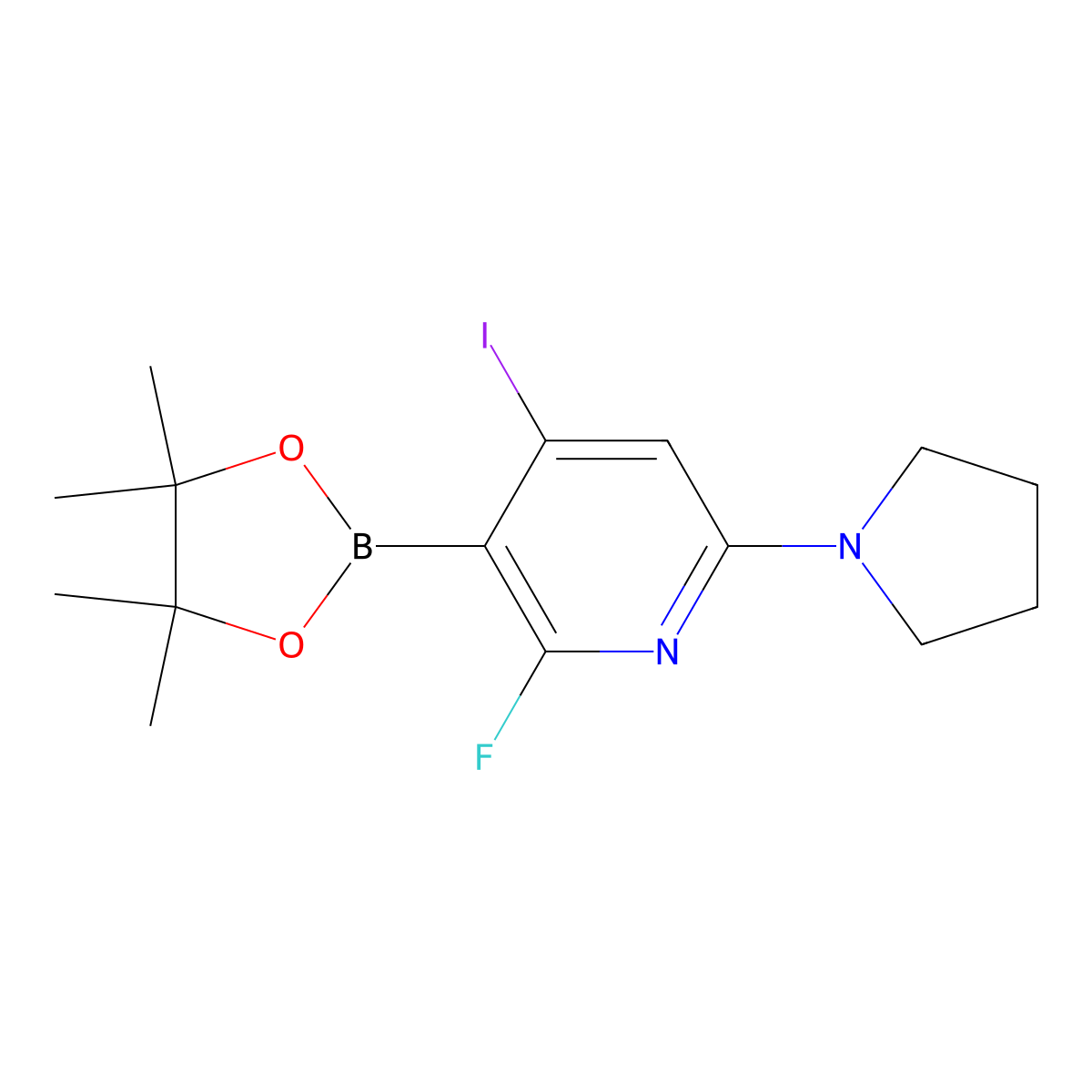 2-Fluoro-4-iodo-6-(pyrrolidin-1-yl)-3-(4,4,5,5-tetramethyl-1,3,2-dioxaborolan-2-yl)pyridine molecular structure, CAS 1309980-57-1