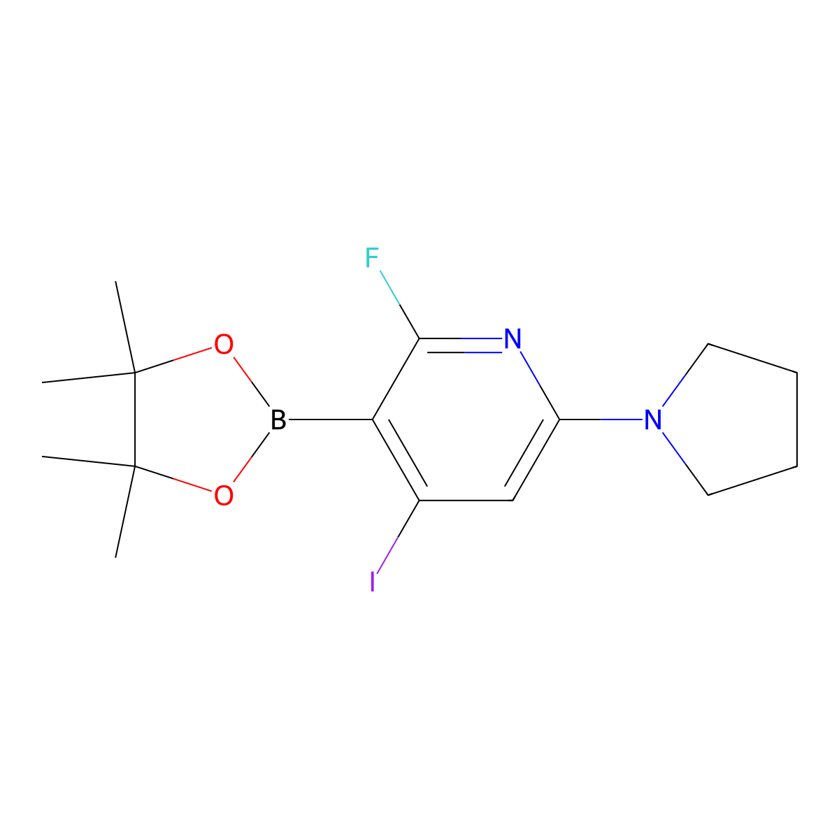 2-Fluoro-4-iodo-6-(pyrrolidin-1-yl)-3-(4,4,5,5-tetramethyl-1,3,2-dioxaborolan-2-yl)pyridine molecular structure, CAS 1309980-57-1
