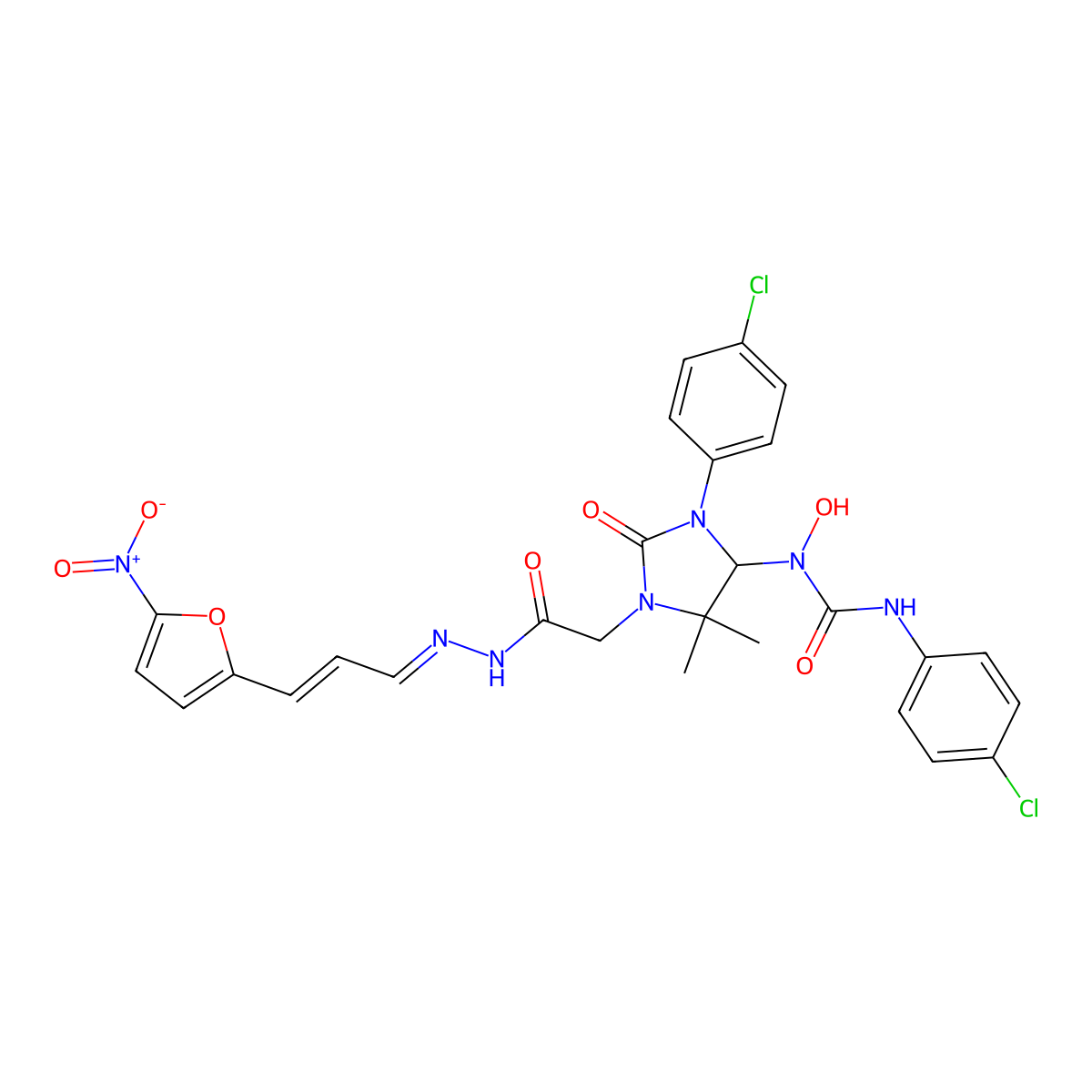 3-(4-Chlorophenyl)-4-[[[(4-chlorophenyl)amino]carbonyl]hydroxyamino]-5,5-dimethyl-2-oxo-1-imidazolidineaceticacid2-[3-(5-nitro-2-furanyl)-2-propen-1-ylidene]hydrazide molecular structure, CAS 1310099-63-8
