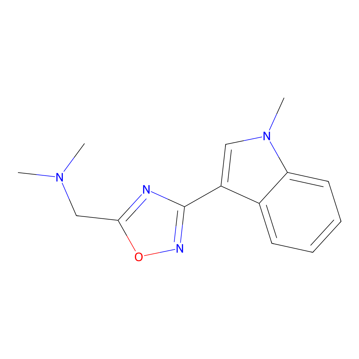 N,N-dimethyl-1-[3-(1-methyl-3-indolyl)-1,2,4-oxadiazol-5-yl]methanamine molecular structure, CAS 131012-61-8