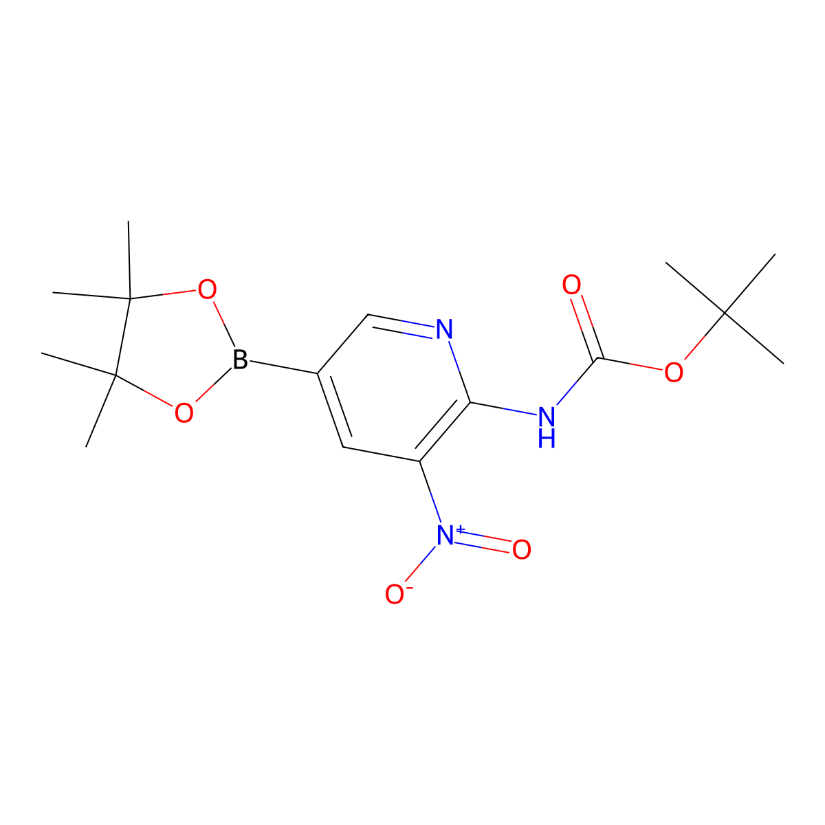 tert-Butyl (3-nitro-5-(4,4,5,5-tetramethyl-1,3,2-dioxaborolan-2-yl)pyridin-2-yl)carbamate molecular structure, CAS 1310383-54-0