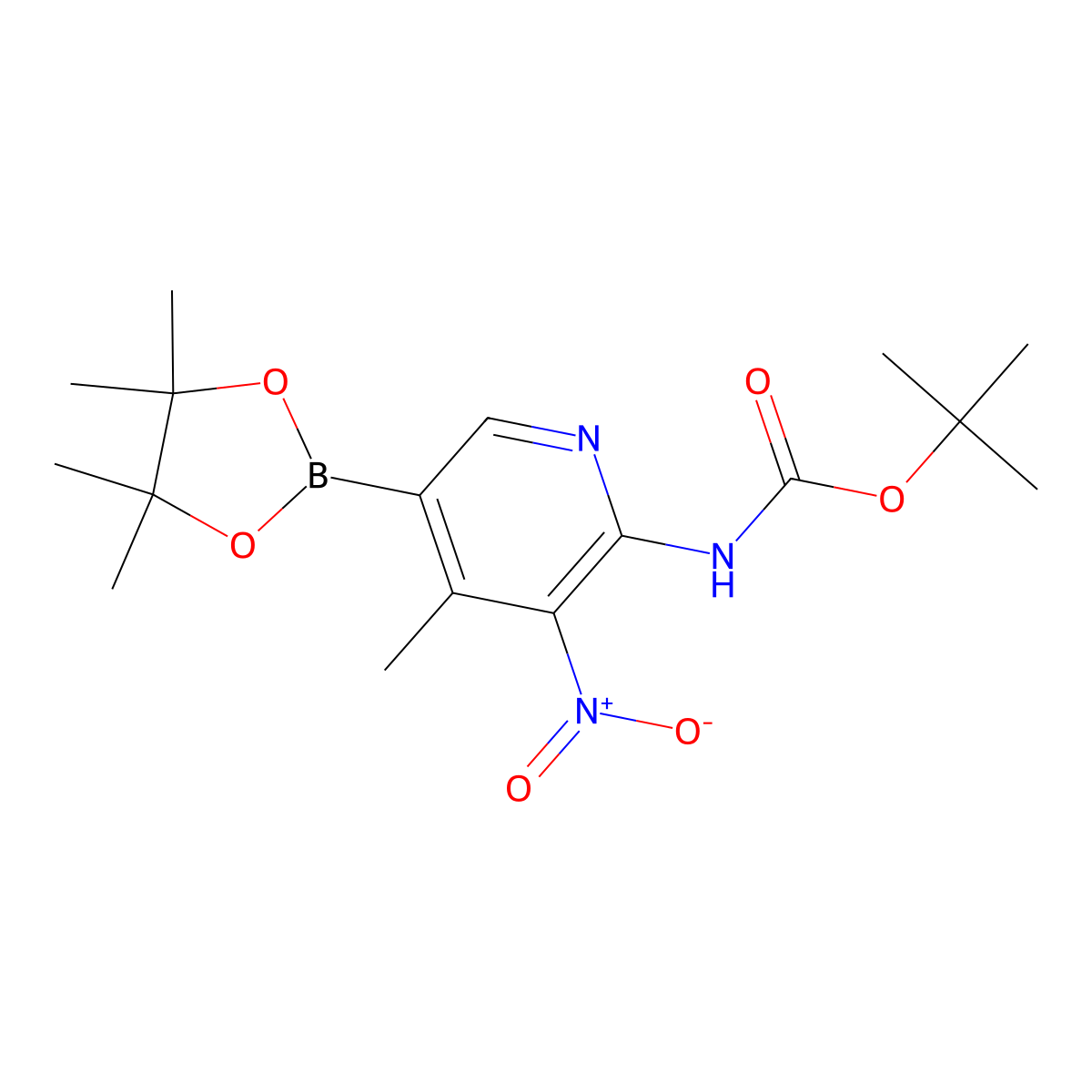 tert-Butyl (4-methyl-3-nitro-5-(4,4,5,5-tetramethyl-1,3,2-dioxaborolan-2-yl)pyridin-2-yl)carbamate molecular structure, CAS 1310383-55-1