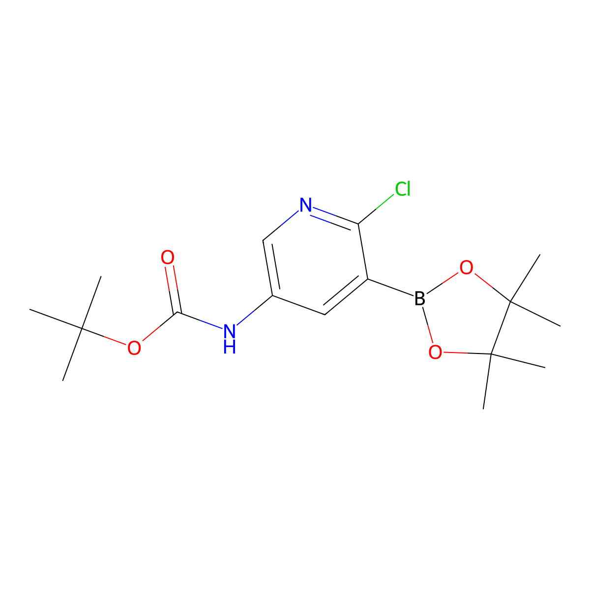 tert-Butyl (6-chloro-5-(4,4,5,5-tetramethyl-1,3,2-dioxaborolan-2-yl)pyridin-3-yl)carbamate molecular structure, CAS 1310404-53-5