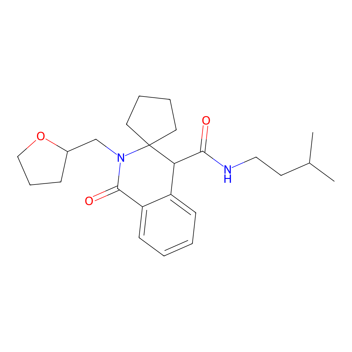 N-(3-methylbutyl)-1'-oxo-2'-(tetrahydrofuran-2-ylmethyl)-1',4'-dihydro-2'H-spiro[cyclopentane-1,3'-isoquinoline]-4'-carboxamide molecular structure, CAS 1310930-69-8