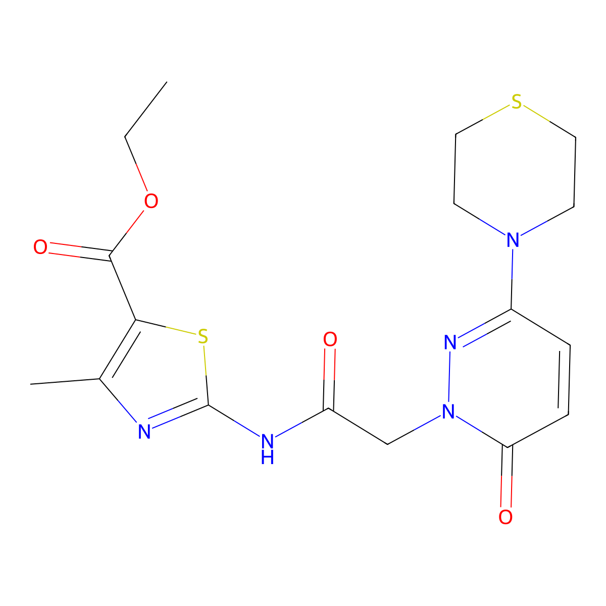 ethyl 4-methyl-2-({[6-oxo-3-(thiomorpholin-4-yl)pyridazin-1(6H)-yl]acetyl}amino)-1,3-thiazole-5-carboxylate molecular structure, CAS 1310945-17-5