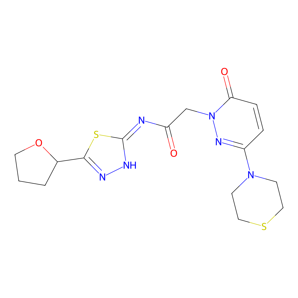 2-[6-oxo-3-(thiomorpholin-4-yl)pyridazin-1(6H)-yl]-N-[(2E)-5-(tetrahydrofuran-2-yl)-1,3,4-thiadiazol-2(3H)-ylidene]acetamide molecular structure, CAS 1310945-44-8