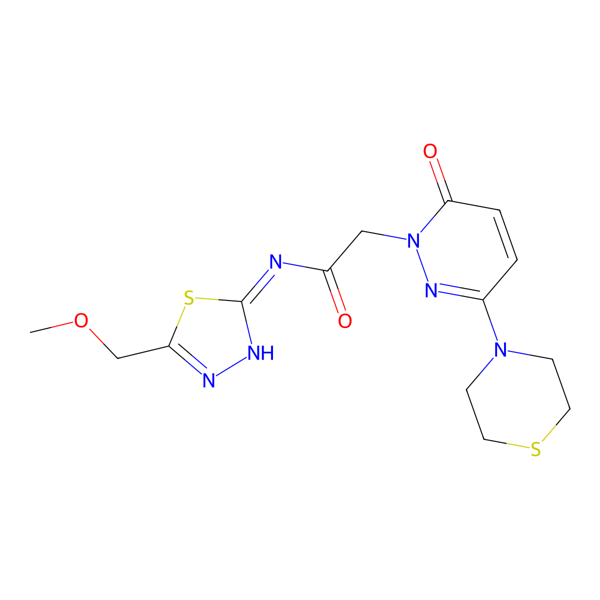 N-[(2E)-5-(methoxymethyl)-1,3,4-thiadiazol-2(3H)-ylidene]-2-[6-oxo-3-(thiomorpholin-4-yl)pyridazin-1(6H)-yl]acetamide molecular structure, CAS 1310946-24-7