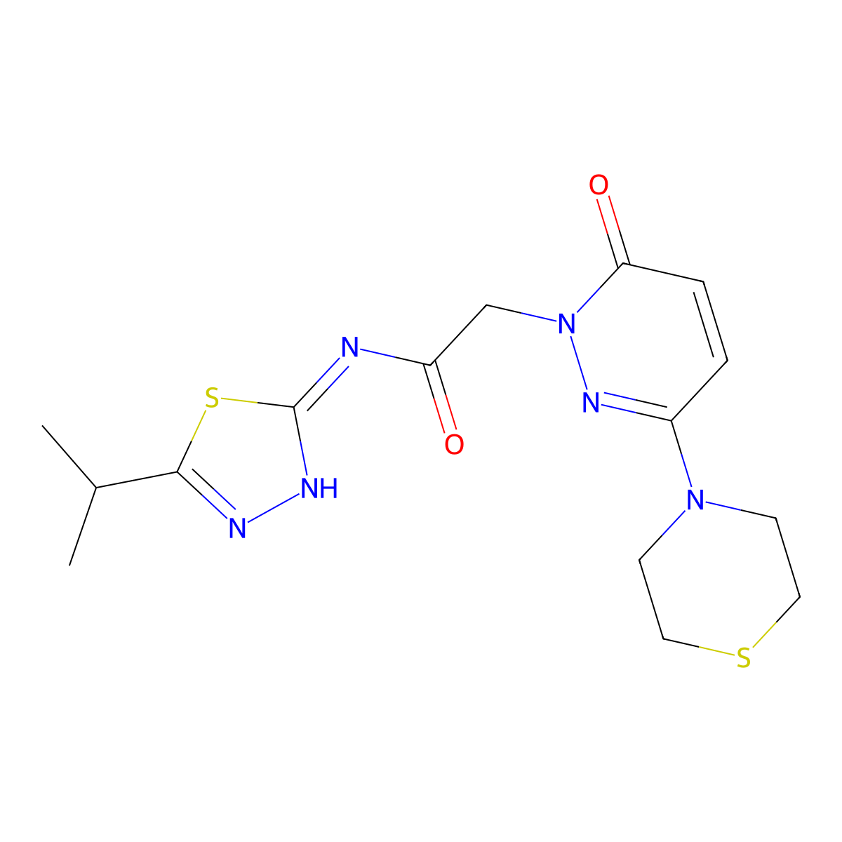 2-[6-oxo-3-(thiomorpholin-4-yl)pyridazin-1(6H)-yl]-N-[(2E)-5-(propan-2-yl)-1,3,4-thiadiazol-2(3H)-ylidene]acetamide molecular structure, CAS 1310946-44-1