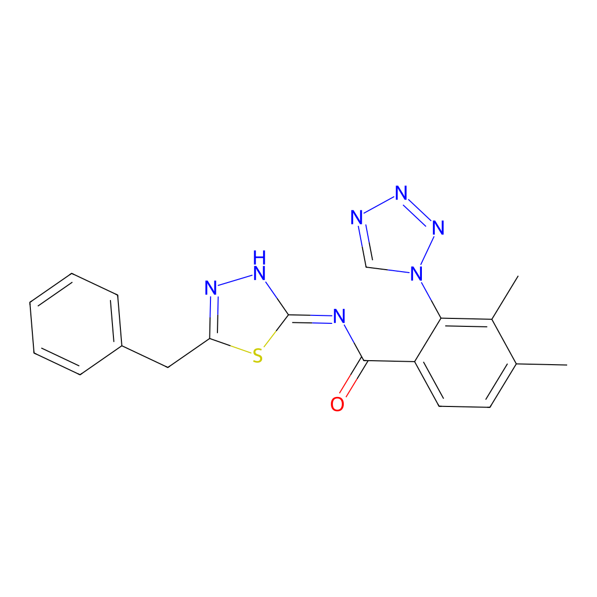 N-(5-benzyl-1,3,4-thiadiazol-2-yl)-3,4-dimethyl-2-(1H-tetrazol-1-yl)benzamide molecular structure, CAS 1310946-51-0
