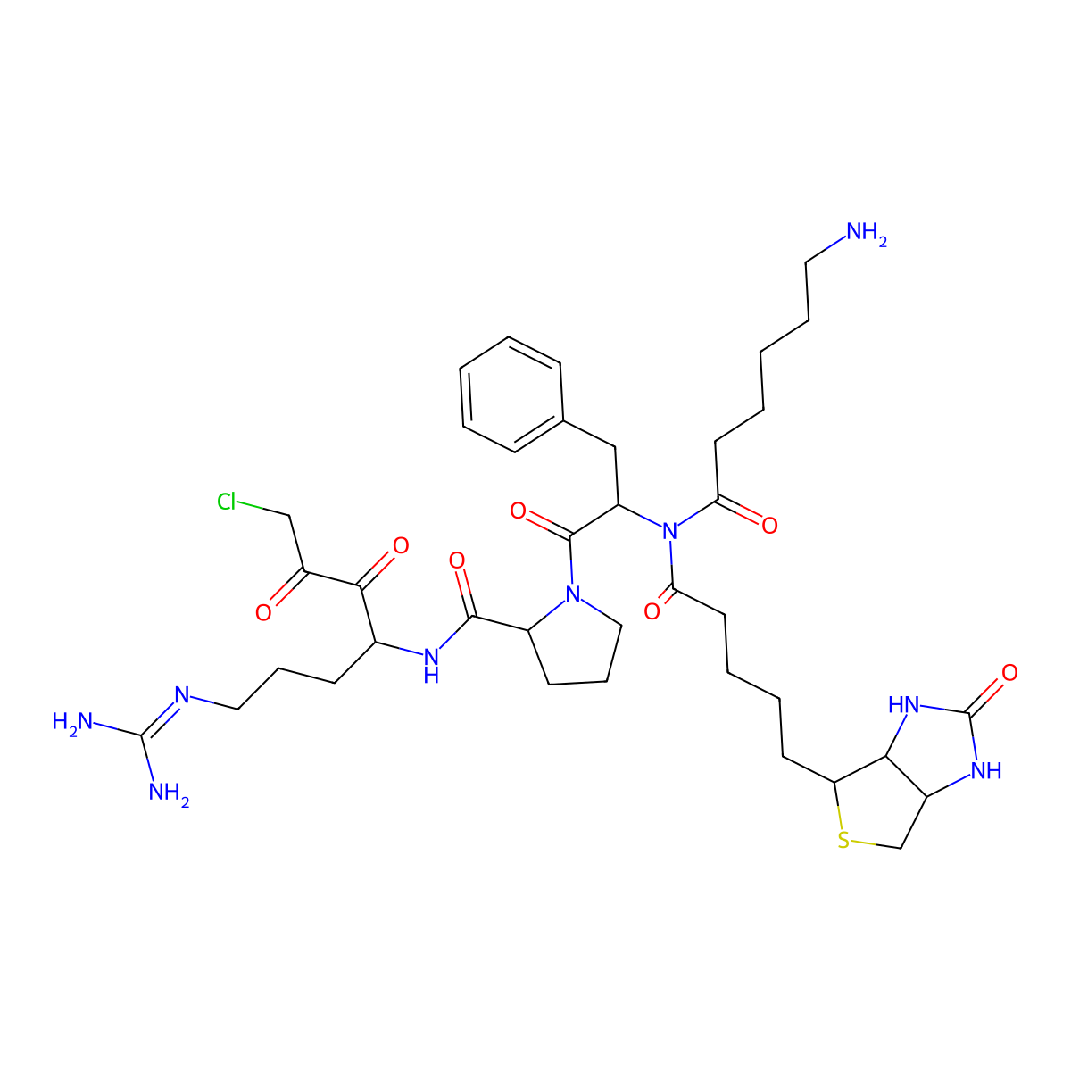 1-[2-[6-aminohexanoyl-[5-(2-oxo-1,3,3a,4,6,6a-hexahydrothieno[3,4-d]imidazol-4-yl)pentanoyl]amino]-3-phenylpropanoyl]-N-[1-chloro-7-(diaminomethylideneamino)-2,3-dioxoheptan-4-yl]pyrrolidine-2-carboxamide molecular structure, CAS 131104-10-4