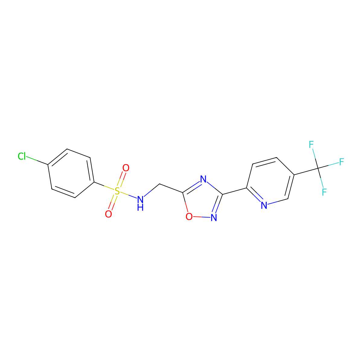 4-Chloro-N-[3'-(5''-(trifluoromethyl)pyridin-2''-yl)-[1',2',4']--oxadiazol-5'-ylmethyl]benzenesulphonamide molecular structure, CAS 1311278-40-6