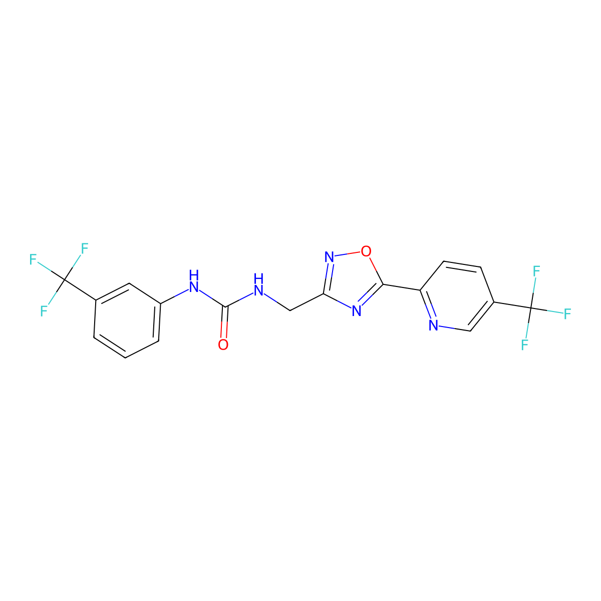1-[3'-(Trifluoromethyl)phenyl]-3-[5''-(5'''-(trifluoromethyl)-pyridin-2'''-yl)-[1'',2'',4'']oxadiazol-3''-ylmethyl]urea molecular structure, CAS 1311278-86-0