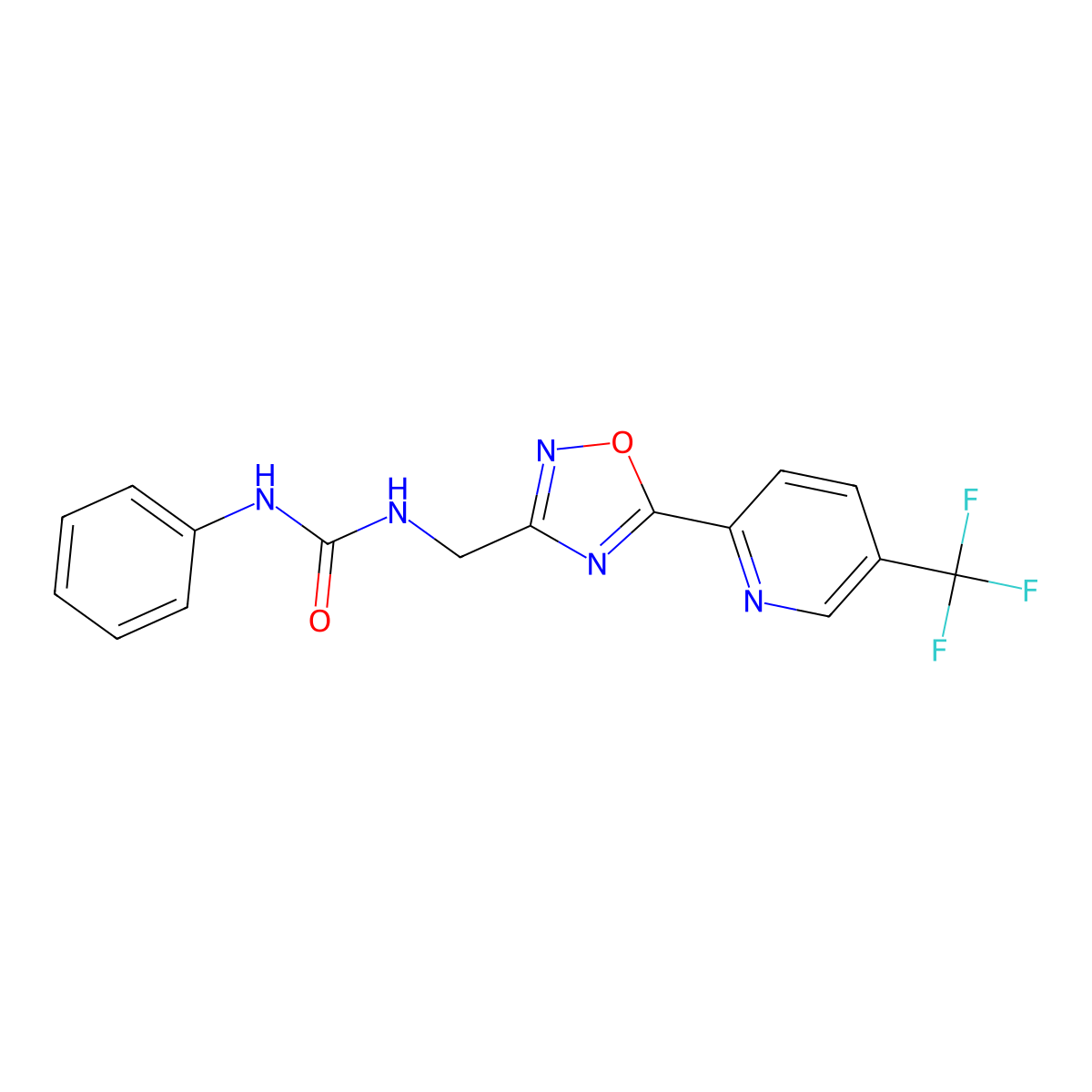 1-Phenyl-3-[5'-(5''-(trifluoromethyl)pyridin-2''-yl)--[1',2',4']oxadiazol-3'-ylmethyl]urea molecular structure, CAS 1311279-07-8