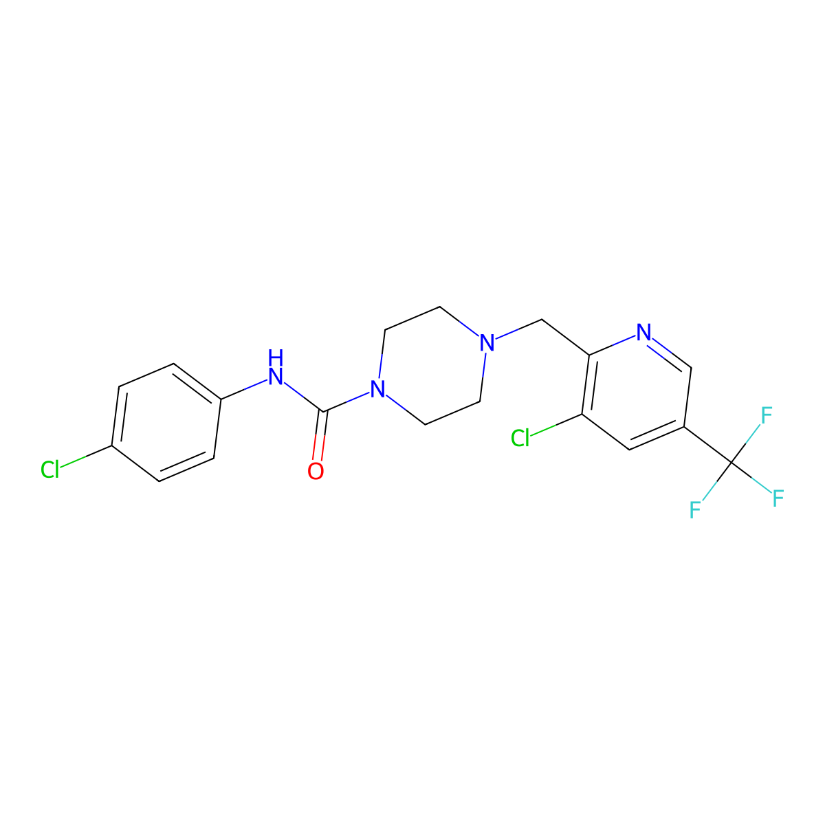 4-(3-Chloro-5-trifluoromethyl-pyridin-2-ylmethyl)-piperazine-1-carboxylic acid (4-chloro-phenyl)-amide molecular structure, CAS 1311279-57-8