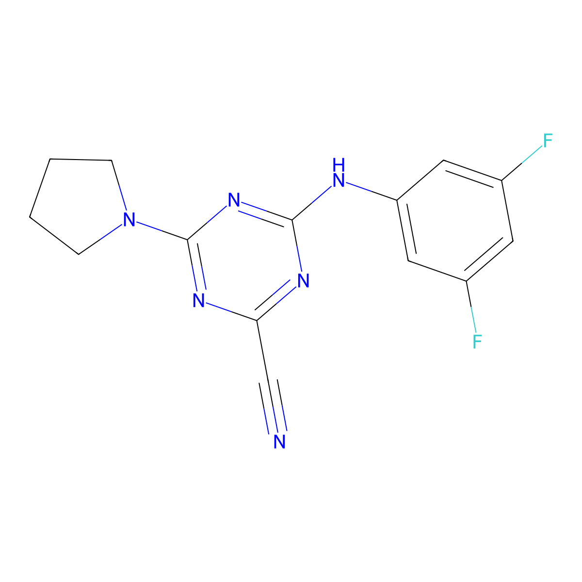 4-(3,5-Difluoro-phenylamino)-6-pyrrolidin-1-yl-[1,3,5]triazine-2-carbonitrile molecular structure, CAS 1311279-71-6