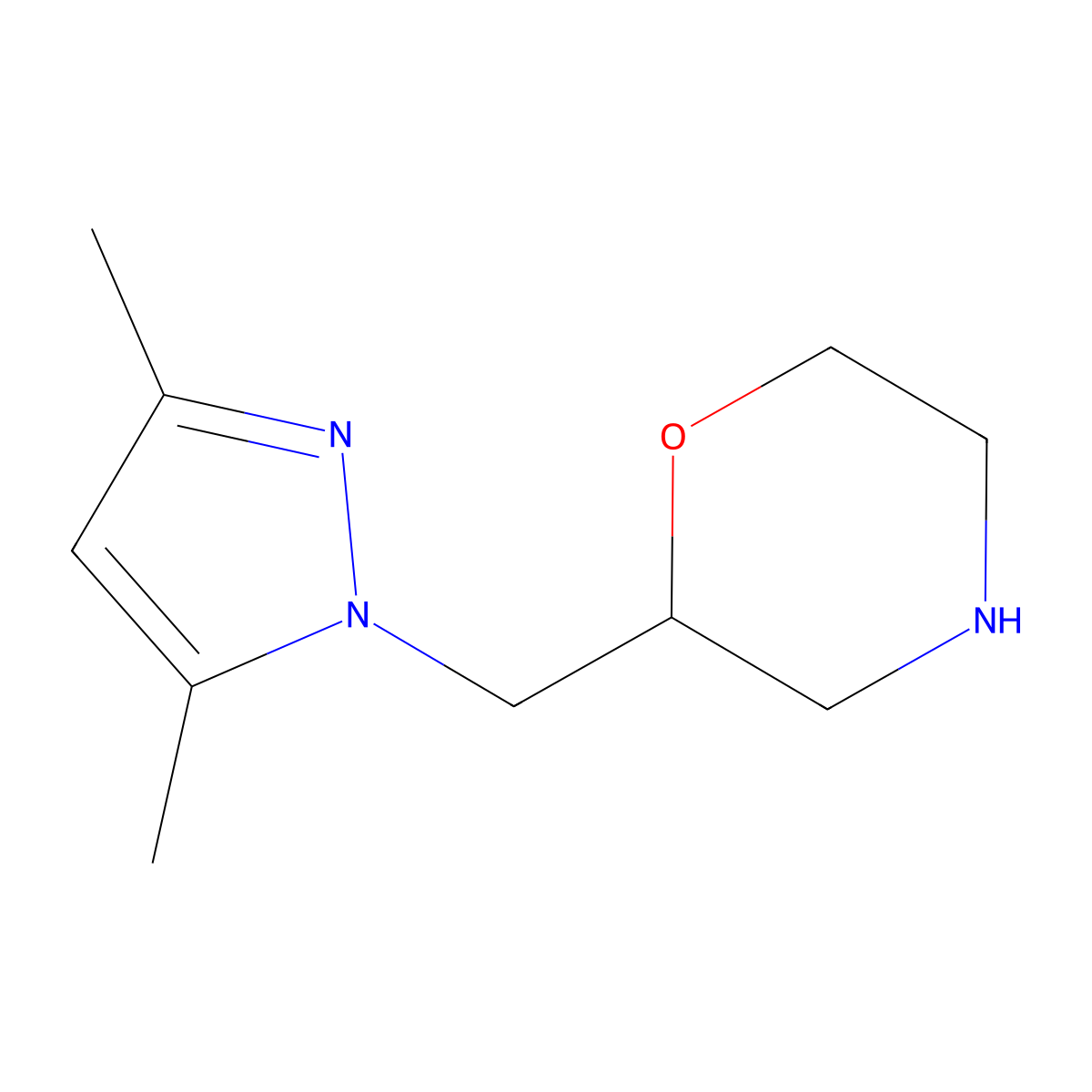 2-((3,5-dimethyl-1H-pyrazol-1-yl)methyl)morpholine molecular structure, CAS 1311316-31-0