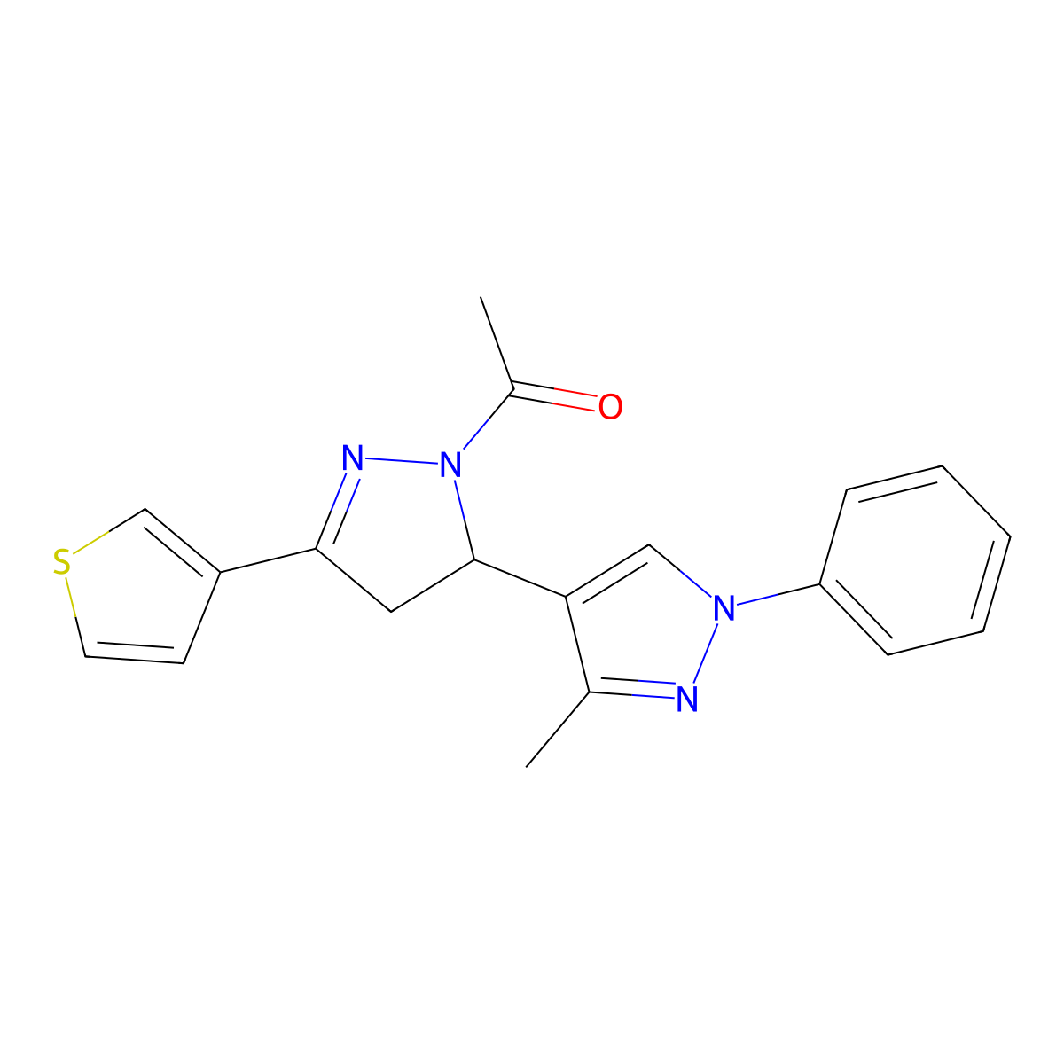 1-[3'-methyl-1'-phenyl-5-(thiophen-3-yl)-3,4-dihydro-1'H,2H-[3,4'-bipyrazole]-2-yl]ethan-1-one molecular structure, CAS 1311879-40-9