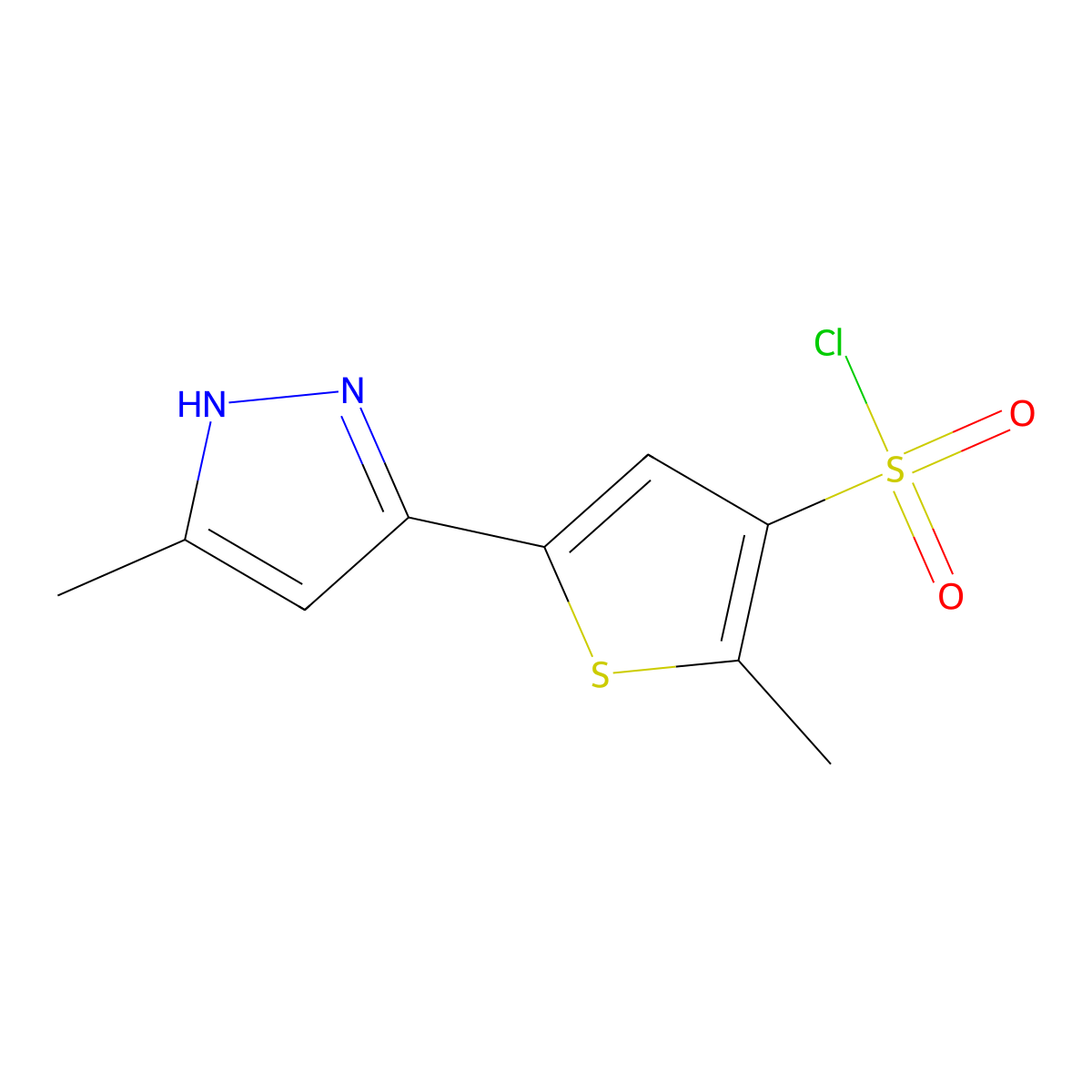 2-methyl-5-(3-methyl-1H-pyrazol-5-yl)-3-thiophenesulfonyl chloride molecular structure, CAS 1312211-18-9