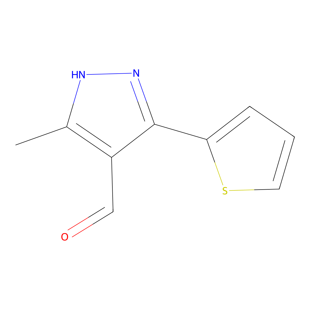 5-methyl-3-(thiophen-2-yl)-1H-pyrazole-4-carbaldehyde molecular structure, CAS 1312212-25-1
