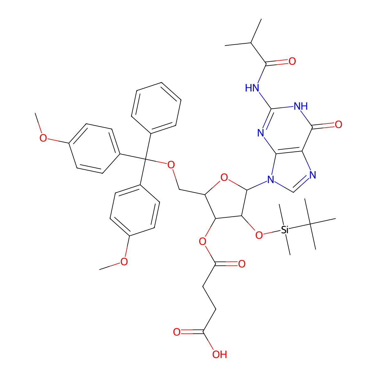 4-(((2R,3R,4R,5R)-2-((Bis(4-methoxyphenyl)(phenyl)methoxy)methyl)-4-((tert-butyldimethylsilyl)oxy)-5-(2-isobutyramido-6-oxo-3,6-dihydro-9H-purin-9-yl)tetrahydrofuran-3-yl)oxy)-4-oxobutanoic acid molecular structure, CAS 131289-17-3