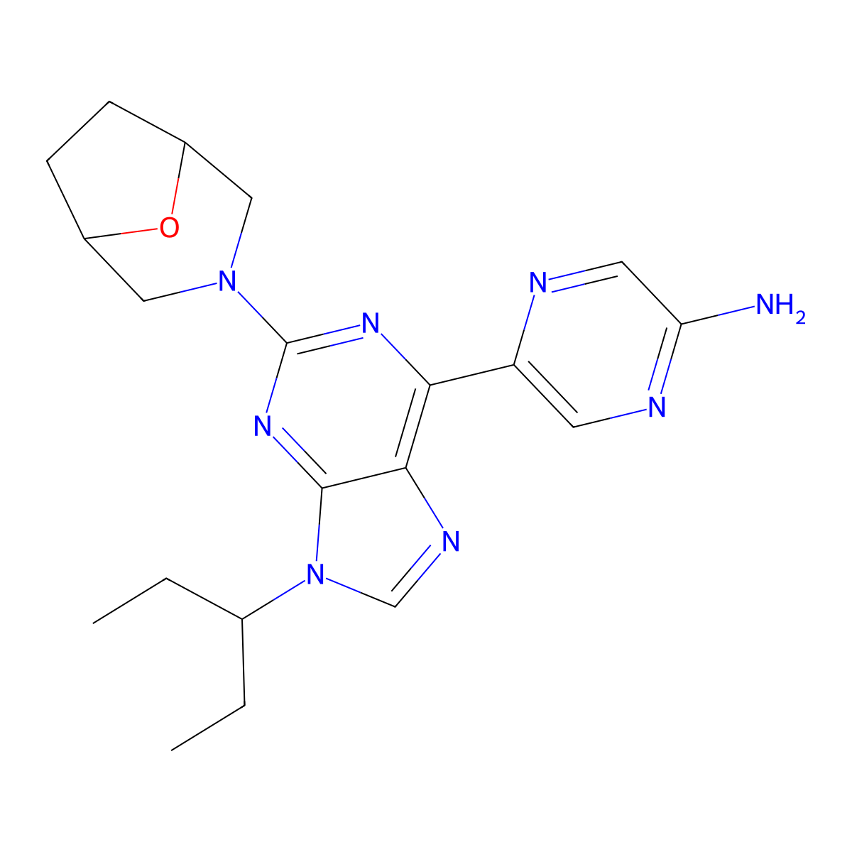 5-[2-(8-Oxa-3-azabicyclo[3.2.1]octan-3-yl)-9-pentan-3-ylpurin-6-yl]pyrazin-2-amine molecular structure, CAS 1313026-58-2
