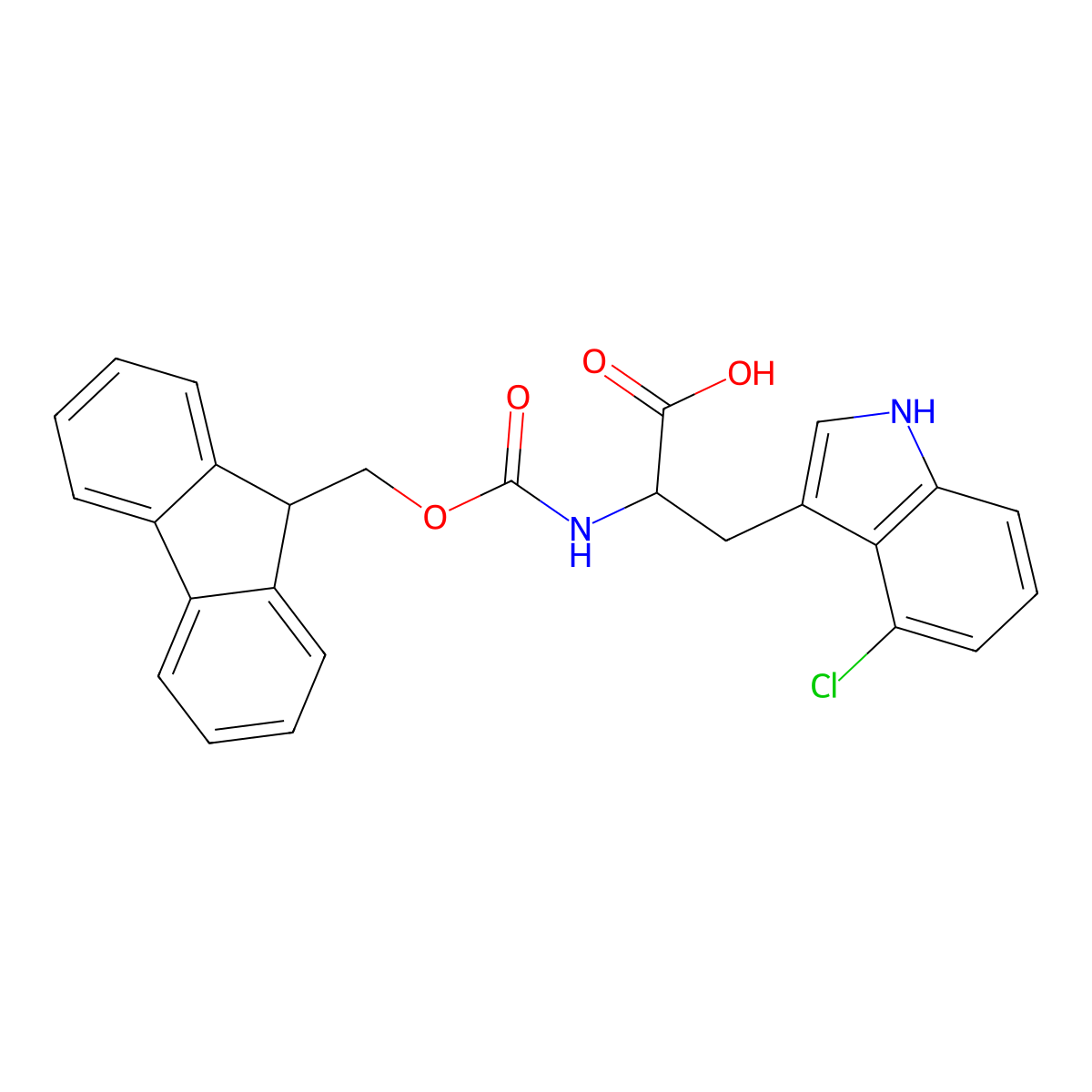 3-(4-chloro-1H-indol-3-yl)-2-(9H-fluoren-9-ylmethoxycarbonylamino)propanoic acid molecular structure, CAS 1313032-72-2