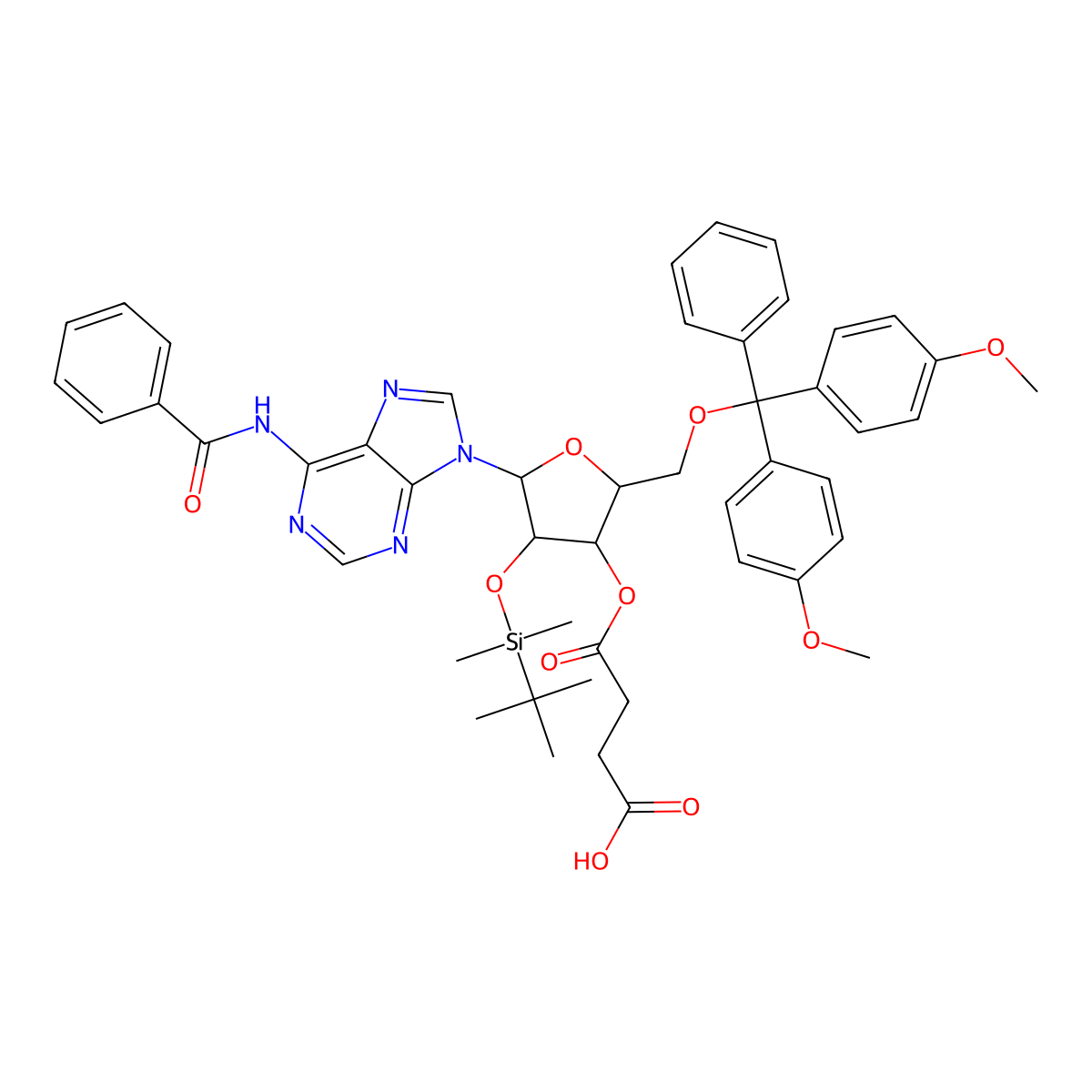 4-(((2R,3R,4R,5R)-5-(6-Benzamido-9H-purin-9-yl)-2-((bis(4-methoxyphenyl)(phenyl)methoxy)methyl)-4-((tert-butyldimethylsilyl)oxy)tetrahydrofuran-3-yl)oxy)-4-oxobutanoic acid molecular structure, CAS 131316-88-6