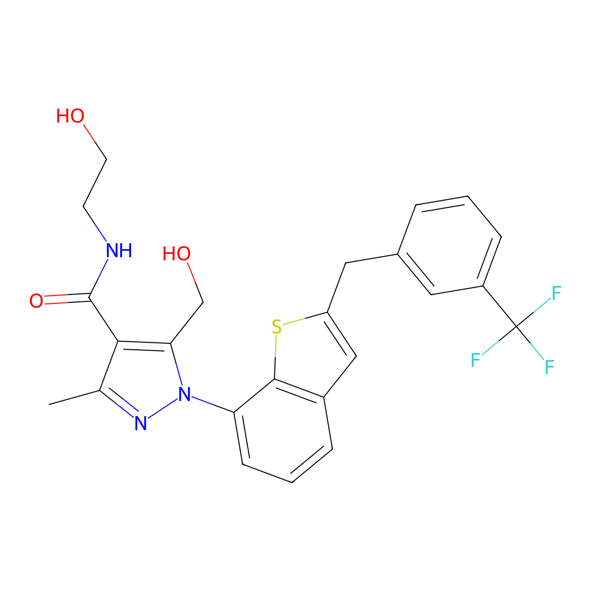 N-(2-Hydroxyethyl)-5-(hydroxymethyl)-3-methyl-1-(2-(3-(trifluoromethyl)benzyl)benzo[b]thiophen-7-yl)-1H-pyrazole-4-carboxamide molecular structure, CAS 1313195-88-8