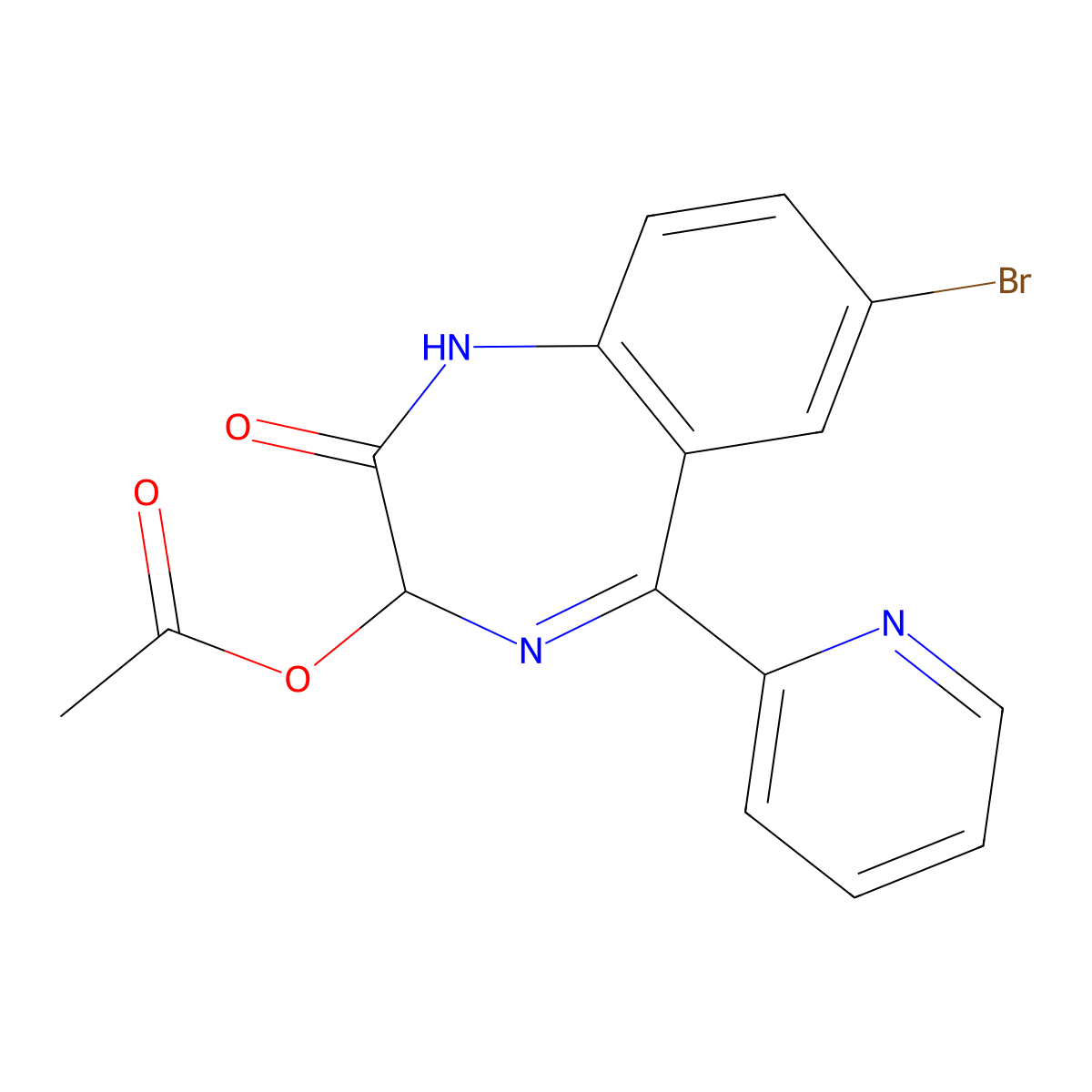 7-Bromo-2-oxo-5-(pyridin-2-yl)-2,3-dihydro-1H-1,4-benzodiazepin-3-yl acetate molecular structure, CAS 13132-88-2
