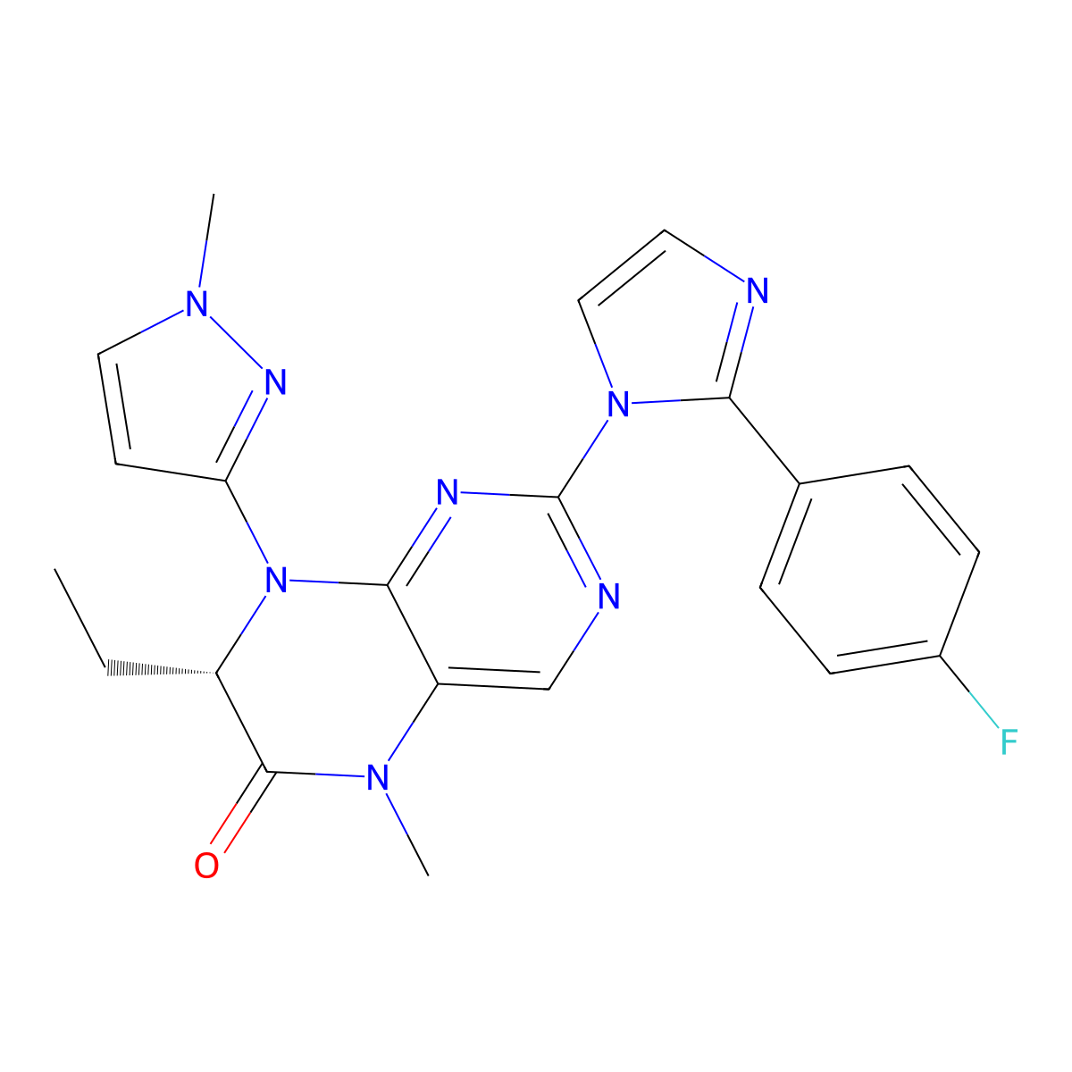 (S)-7-ethyl-2-(2-(4-fluorophenyl)-1H-imidazol-1-yl)-5-methyl-8-(1-methyl-1H-pyrazol-3-yl)-7,8-dihydropteridin-6(5H)-one molecular structure, CAS 1313519-84-4