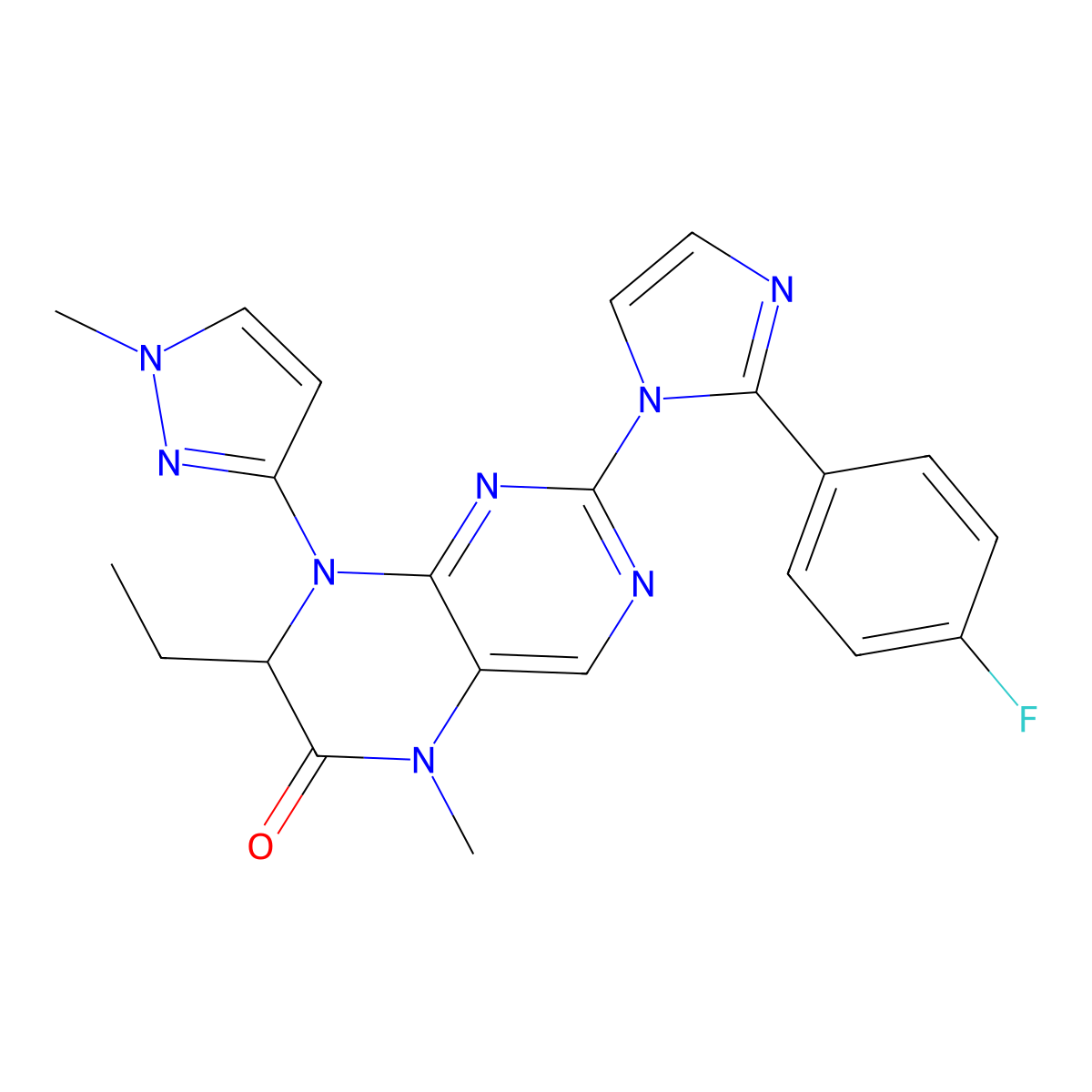 7-Ethyl-2-[2-(4-fluorophenyl)-1H-imidazol-1-yl]-7,8-dihydro-5-methyl-8-(1-methyl-1H-pyrazol-3-yl)-6(5H)-pteridinone molecular structure, CAS 1313519-85-5