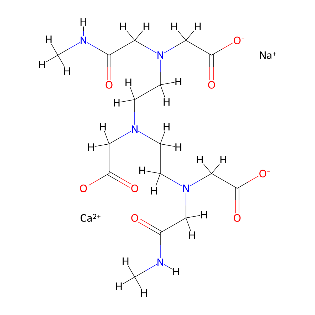 Calciate(1-), (5,8-bis((carboxy-kappaO)methyl)-11-(2-(methylamino)-2-oxoethyl)-3-oxo-2,5,8,11-tetraazatridecan-13-oato(3-)-kappaN5,kappaN8,kappaN11,kappaO13)-, sodium (1:1) molecular structure, CAS 131410-50-9