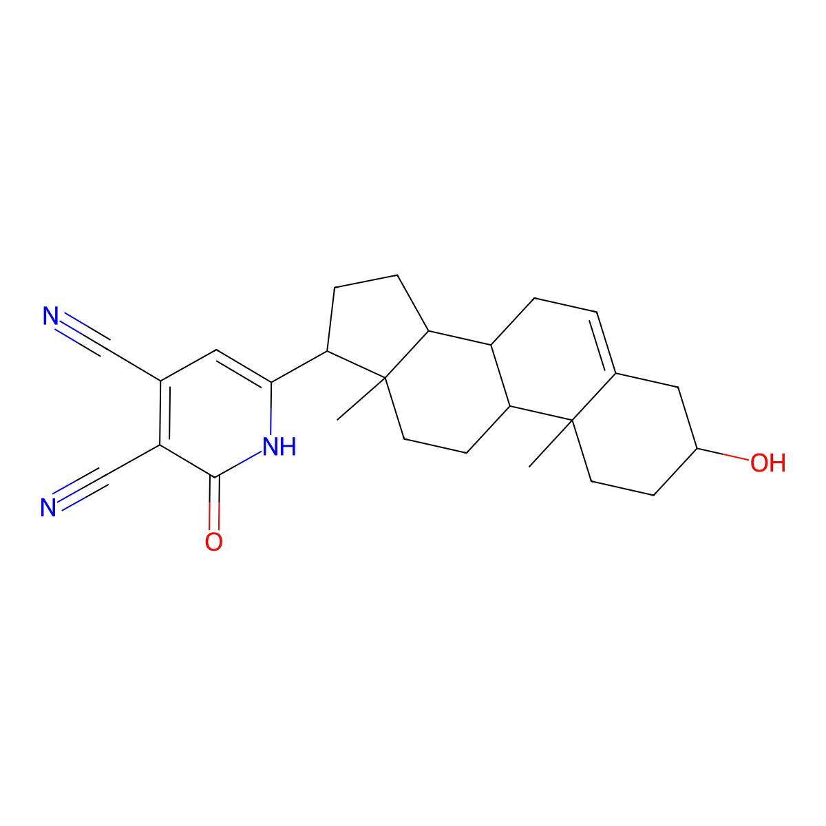 6-[(3S,8S,9S,10R,13S,14S,17S)-3-hydroxy-10,13-dimethyl-2,3,4,7,8,9,11,12,14,15,16,17-dodecahydro-1H-cyclopenta[a]phenanthren-17-yl]-2-oxo-1H-pyridine-3,4-dicarbonitrile molecular structure, CAS 1314134-92-3