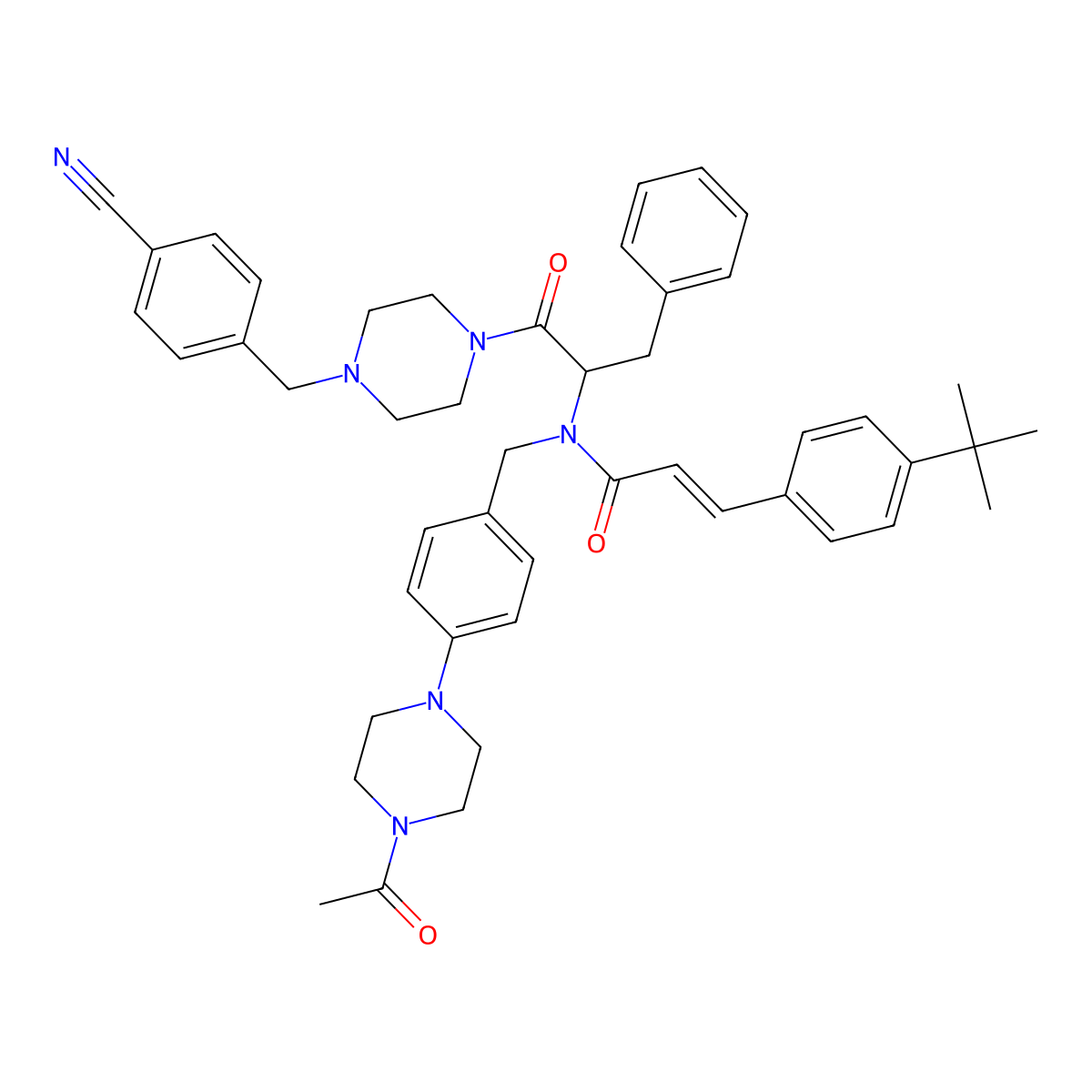 N-[[4-(4-Acetyl-1-piperazinyl)phenyl]methyl]-N-[(1S)-2-[4-[(4-cyanophenyl)methyl]-1-piperazinyl]-2-oxo-1-(phenylmethyl)ethyl]-3-[4-(1,1-dimethylethyl)phenyl]-2-propenamide molecular structure, CAS 1314143-88-8