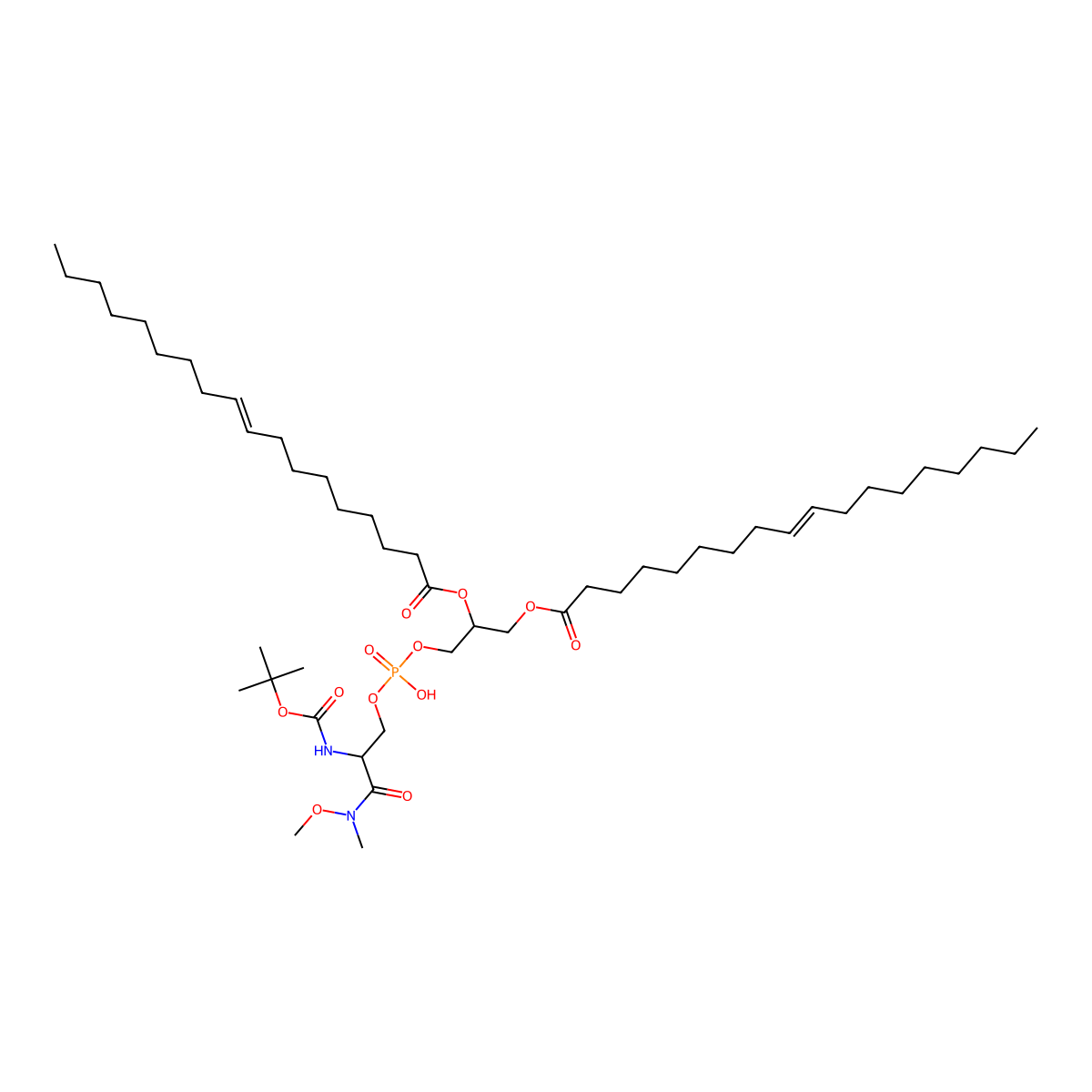 Octadec-9-enoic acid 2-{[2-tert-butoxycarbonylamino-2-(methoxy-methyl-carbamoyl)-ethoxy]-hydroxy-phosphoryloxy}-1-octadec-9-enoyloxymethyl-ethyl ester molecular structure, CAS 1314402-89-5