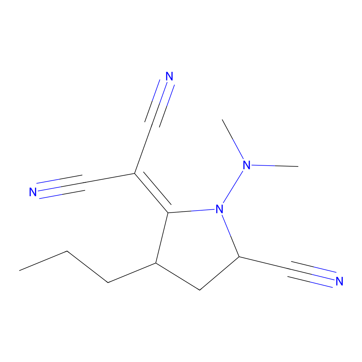 2-[5-Cyano-1-(dimethylamino)-3-propylpyrrolidin-2-ylidene]propanedinitrile molecular structure, CAS 131447-32-0