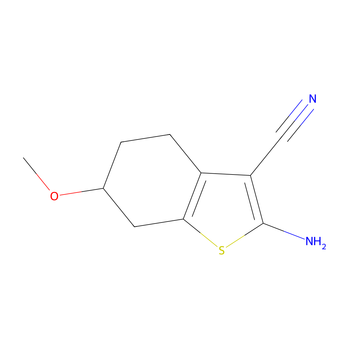 2-Amino-6-methoxy-4,5,6,7-tetrahydro-1-benzothiophene-3-carbonitrile molecular structure, CAS 13145-85-2