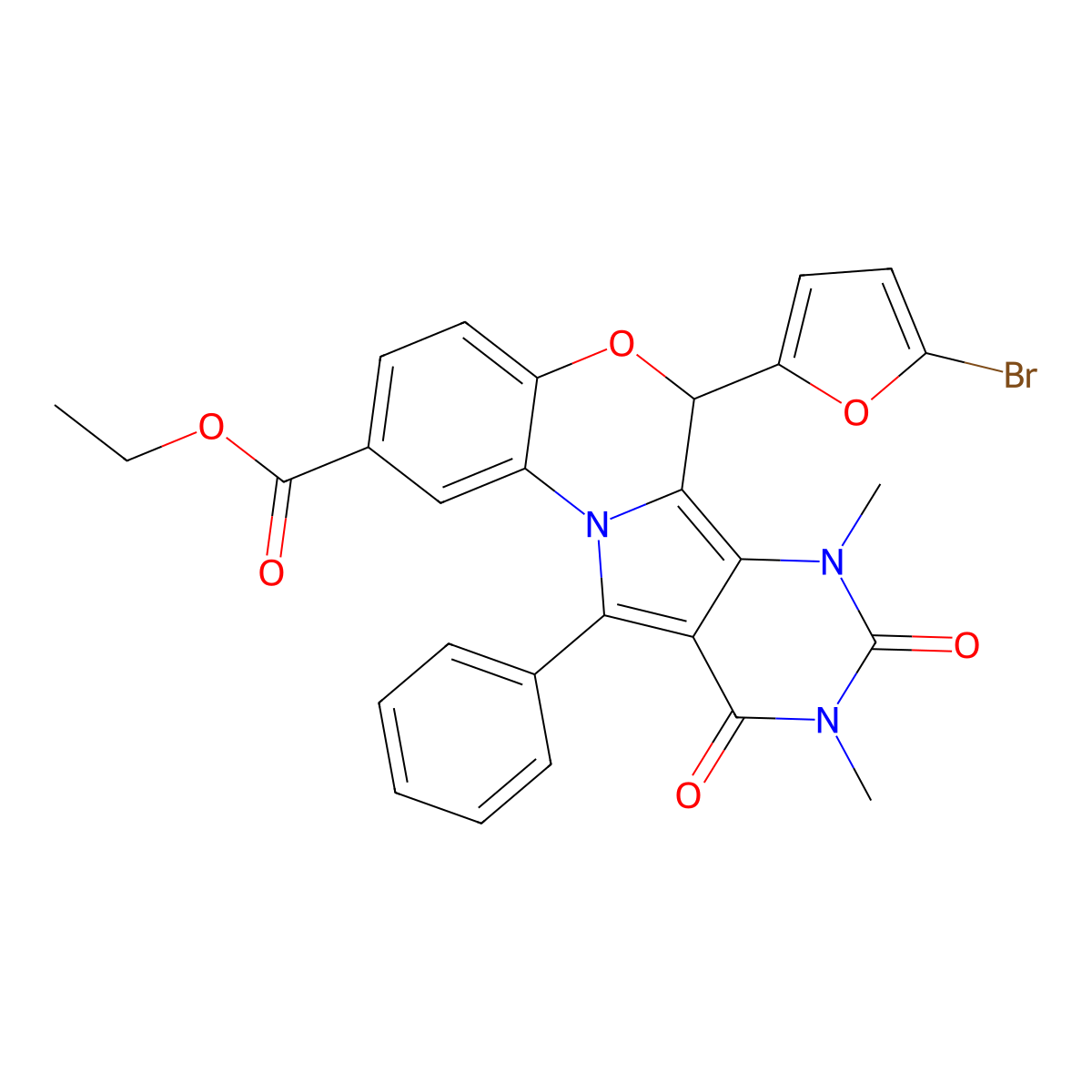 6H-Pyrimido[4',5':3,4]pyrrolo[2,1-c][1,4]benzoxazine-2-carboxylic acid, 6-(5-bromo-2-furanyl)-7,8,9,10-tetrahydro-7,9-dimethyl-8,10-dioxo-11-phenyl-, ethyl ester molecular structure, CAS 1314873-00-1