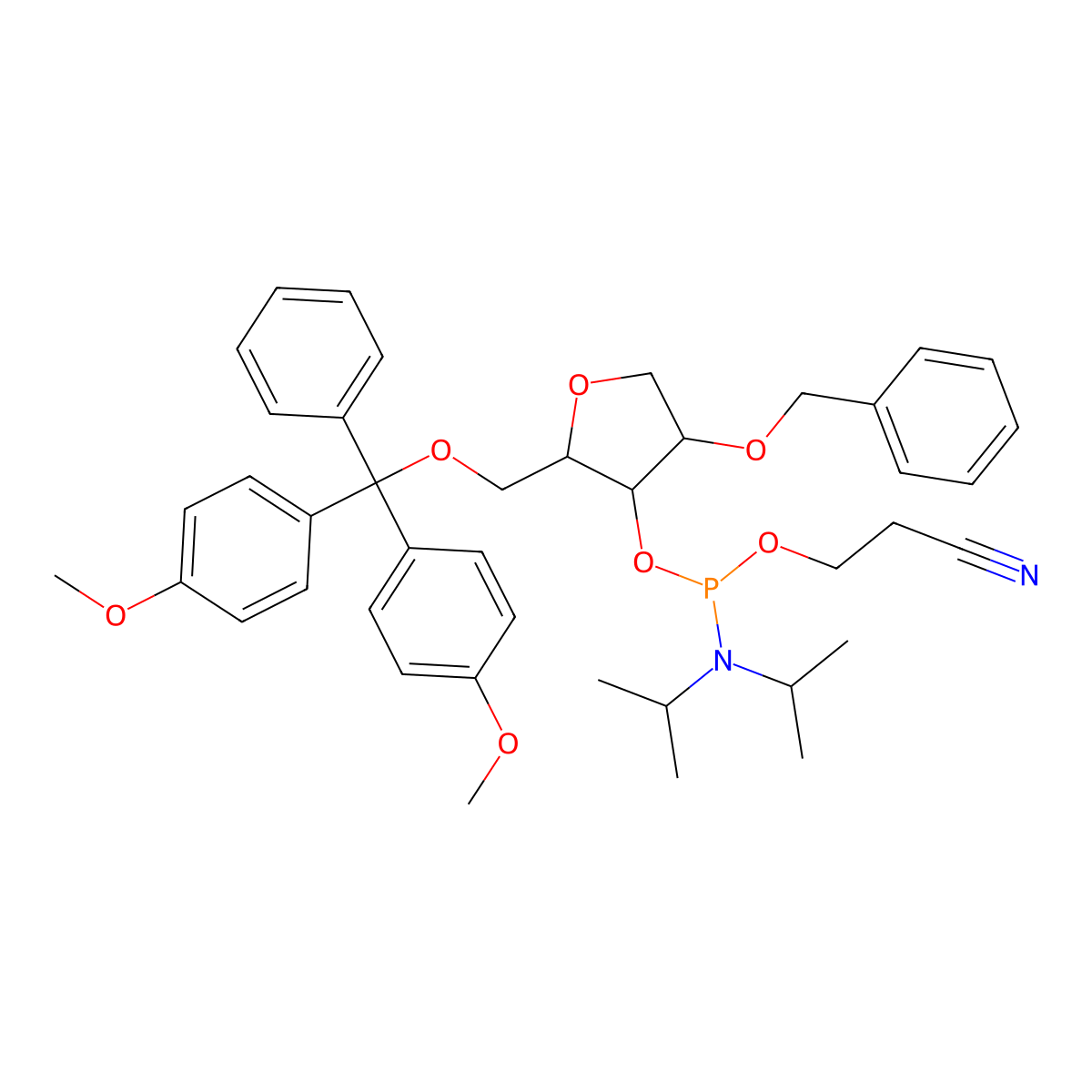 1,4-Anhydro-2-O-benzyl-5-O-[bis(4-methoxyphenyl)(phenyl)methyl]-3-O-[(2-cyanoethoxy)(dipropan-2-ylamino)phosphanyl]-D-ribitol molecular structure, CAS 1314971-25-9