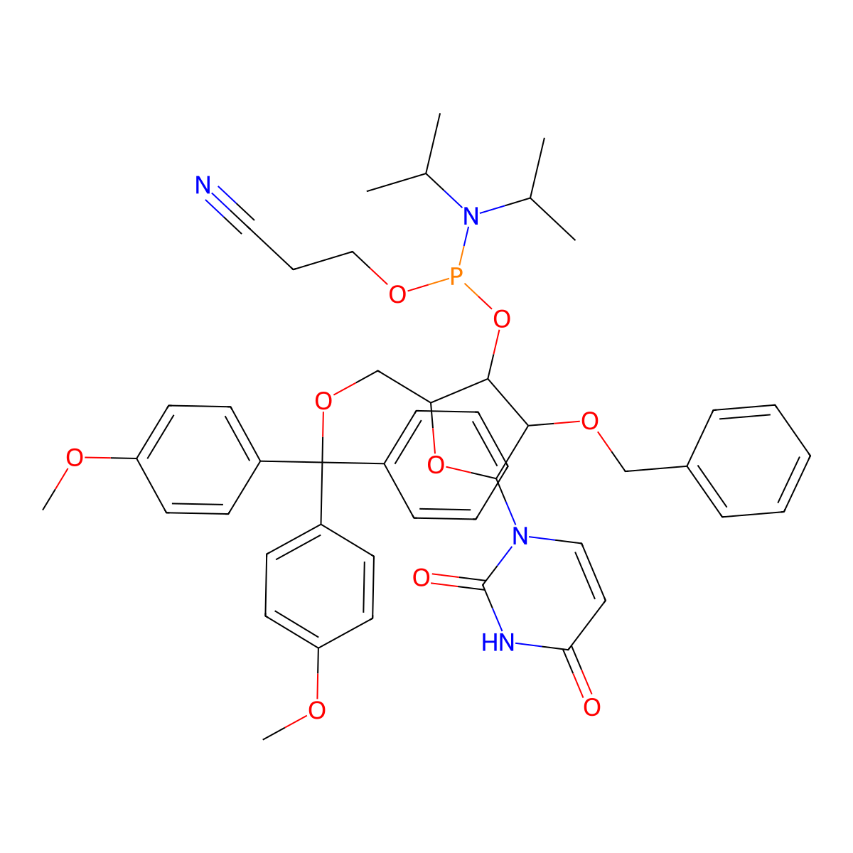 Bn(-2)[N(iPr)2P(OCH2CH2CN)(-3)][DMT(-5)]Ribf(b)-uracil-1-yl molecular structure, CAS 1314972-05-8