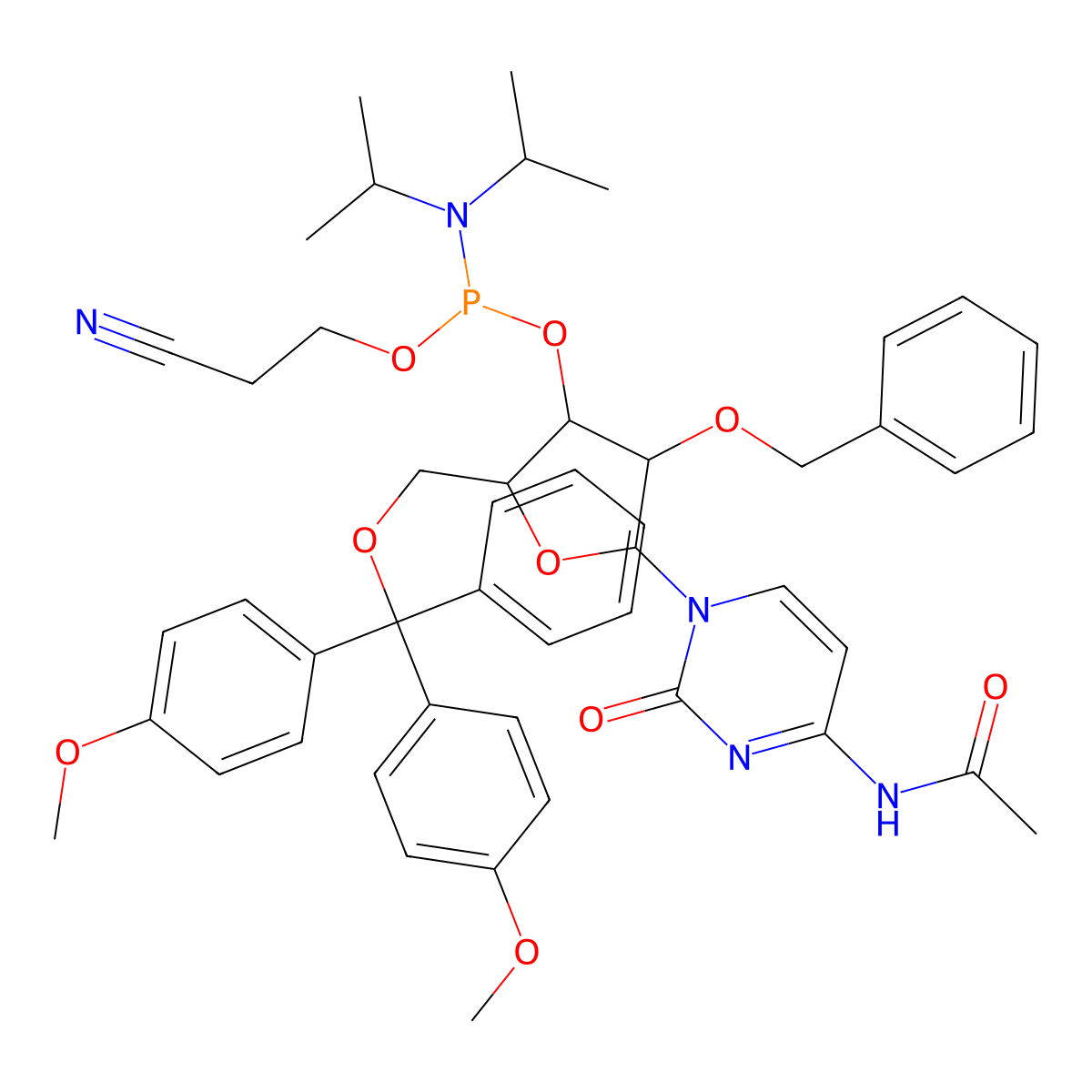 N-[1-[(2R,3R,4R,5R)-5-[[bis(4-methoxyphenyl)-phenylmethoxy]methyl]-4-[2-cyanoethoxy-[di(propan-2-yl)amino]phosphanyl]oxy-3-phenylmethoxyoxolan-2-yl]-2-oxopyrimidin-4-yl]acetamide molecular structure, CAS 1314972-07-0