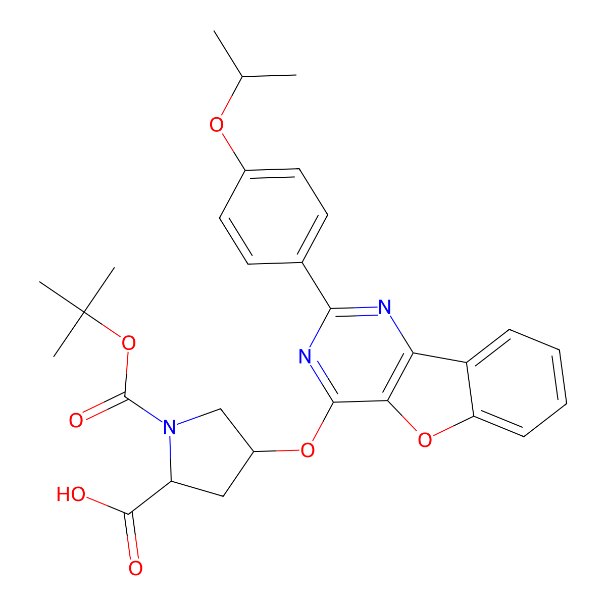 (2S,4R)-1-(tert-Butoxycarbonyl)-4-((2-(4-isopropoxyphenyl)benzofuro[3,2-d]pyrimidin-4-yl)oxy)pyrrolidine-2-carboxylic acid molecular structure, CAS 1315326-78-3