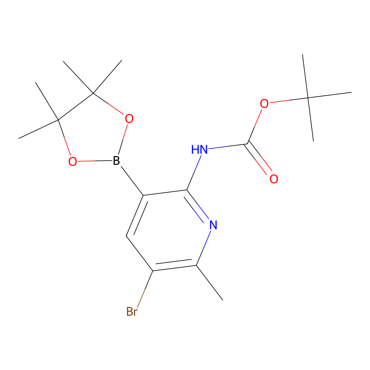 tert-Butyl (5-bromo-6-methyl-3-(4,4,5,5-tetramethyl-1,3,2-dioxaborolan-2-yl)pyridin-2-yl)carbamate molecular structure, CAS 1315351-28-0