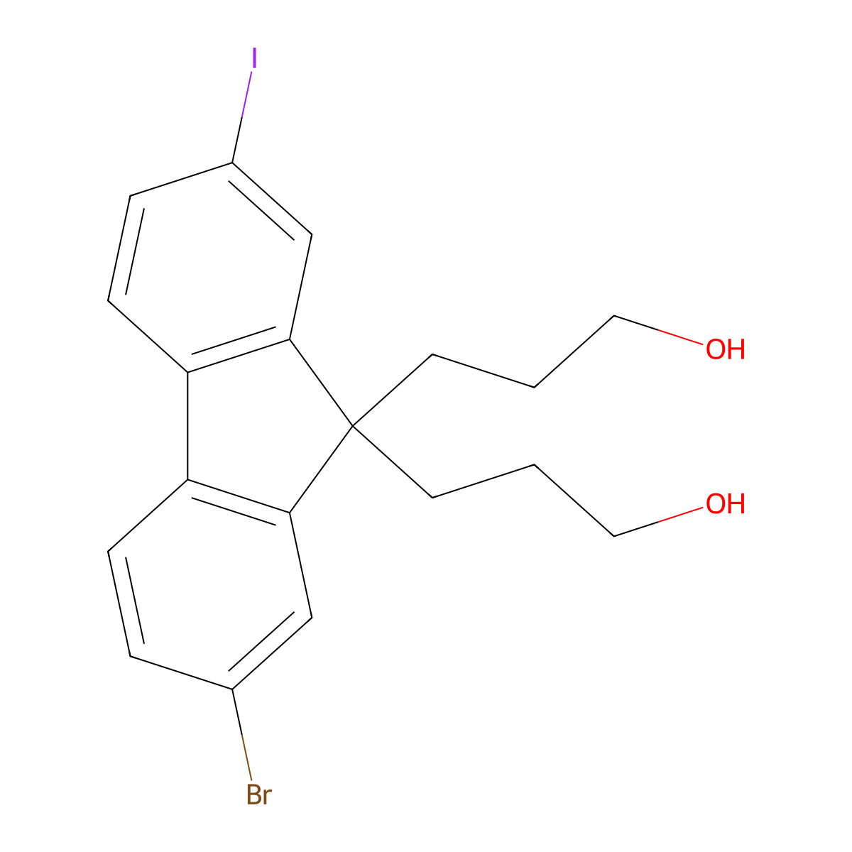 3,3'-(2-Bromo-7-iodo-9H-fluorene-9,9-diyl)bis(propan-1-ol) molecular structure, CAS 1315468-05-3